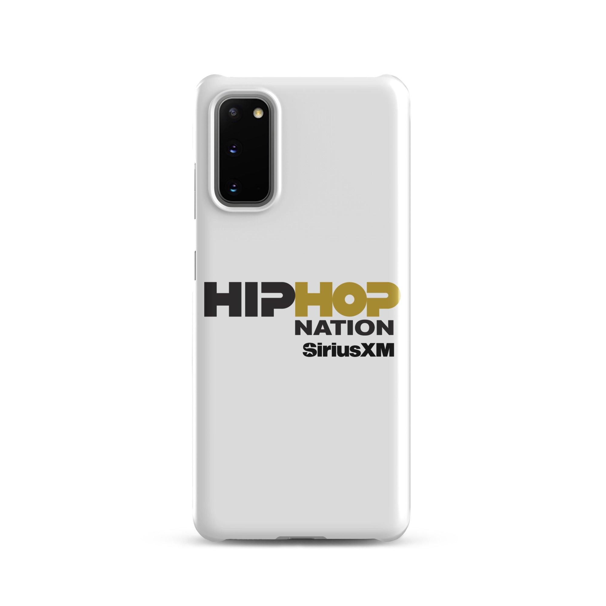 A white phone case featuring the text 'HIP HOP NATION' and 'SiriusXM' in black and gold.