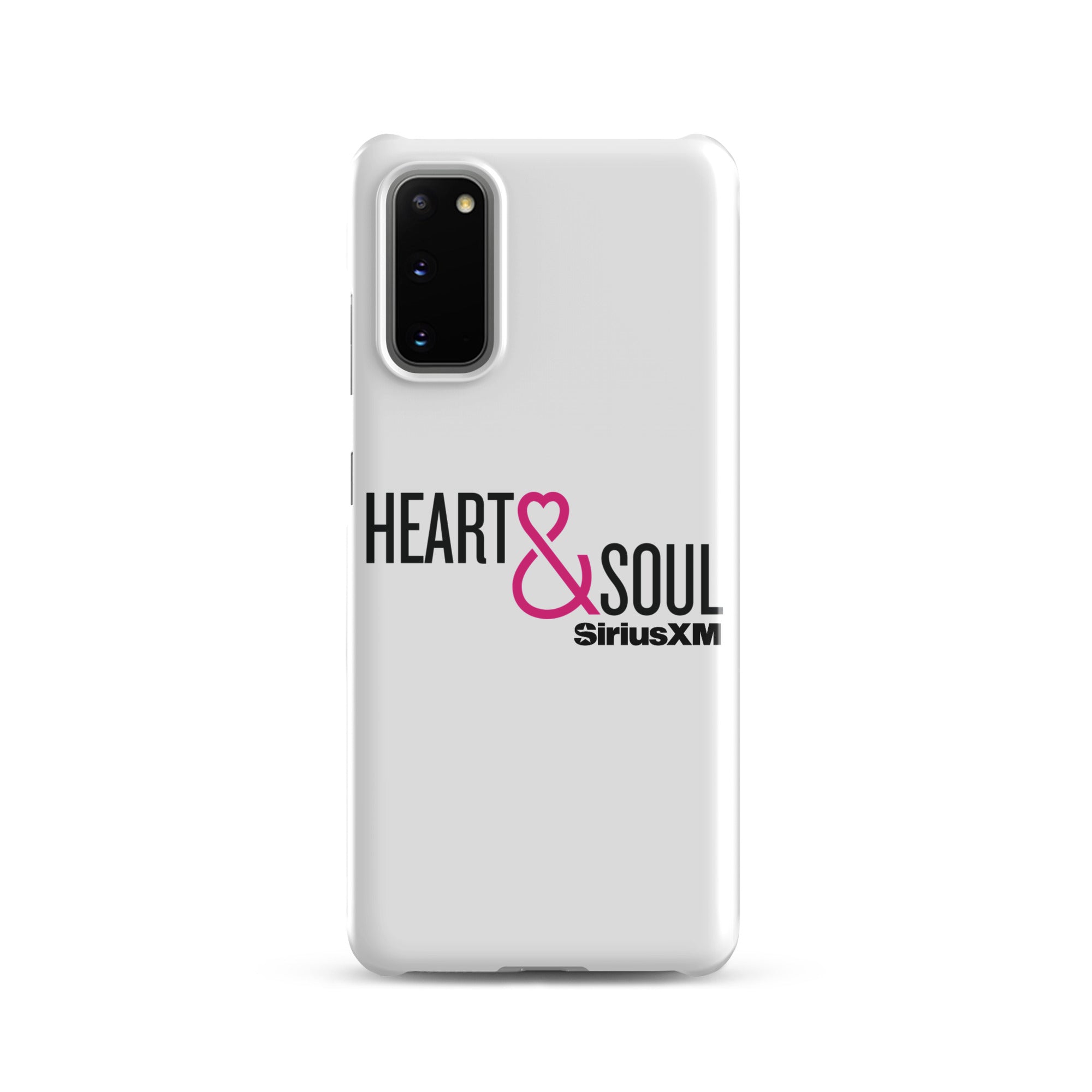 White phone case featuring 'HEART & SOUL' in black and pink text, with 'SiriusXM' logo.