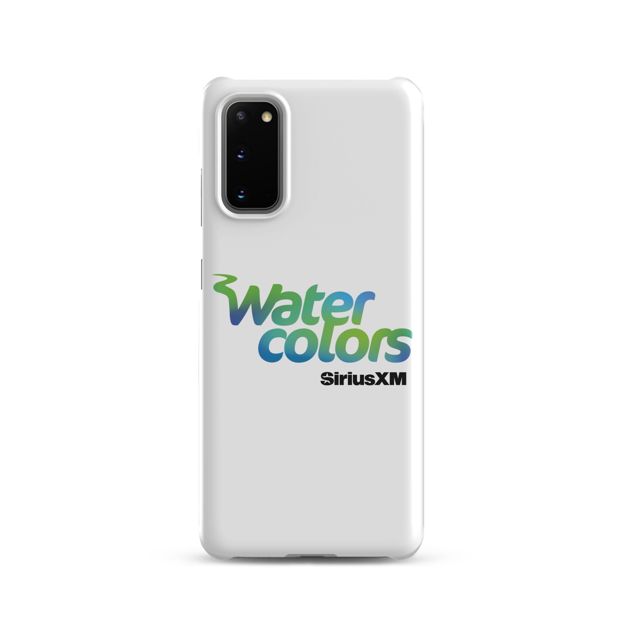 White smartphone case with 'Water colors' logo in blue and green, and 'SiriusXM' in black.