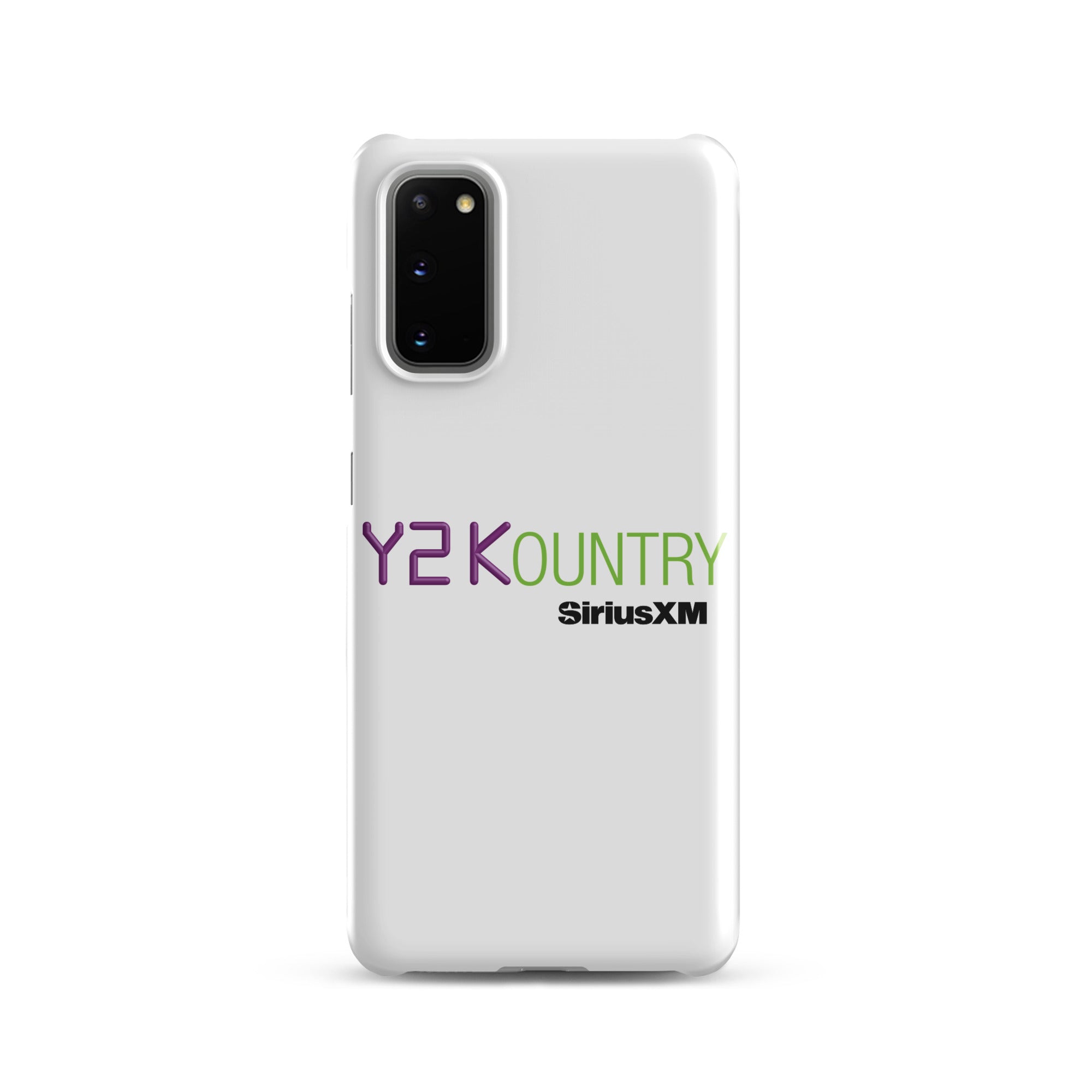 White phone case featuring 'Y2KOUNTRY' and 'SiriusXM' logos in purple and green.