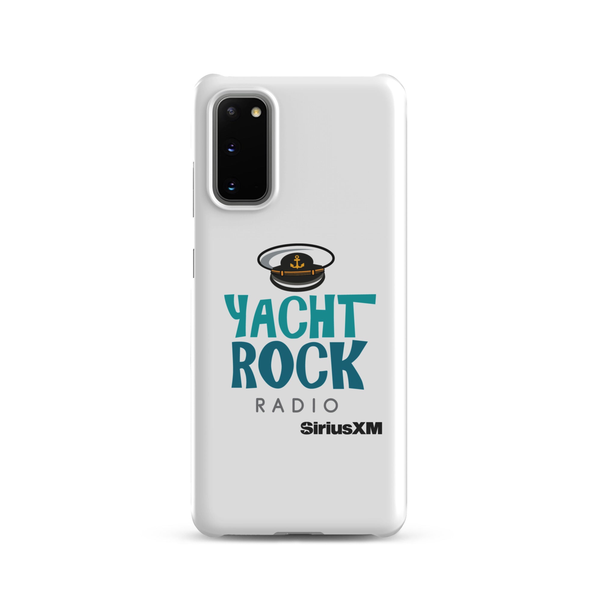 White phone case featuring 'Yacht Rock Radio' logo with a captain's hat and 'SiriusXM' branding.