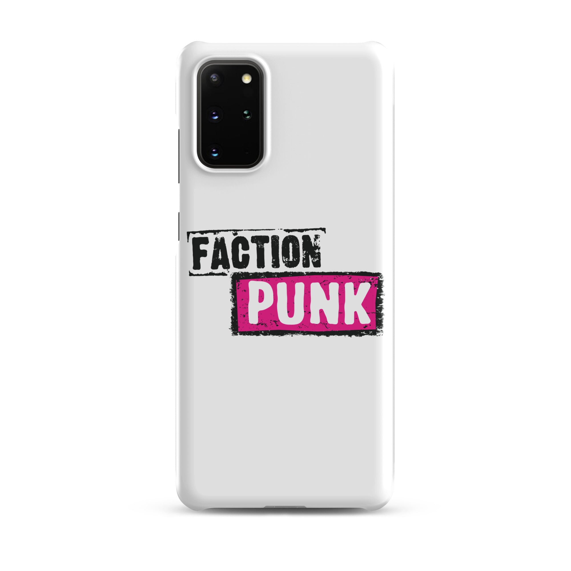A white phone case with the words 'FACTION PUNK' in bold black and pink lettering.