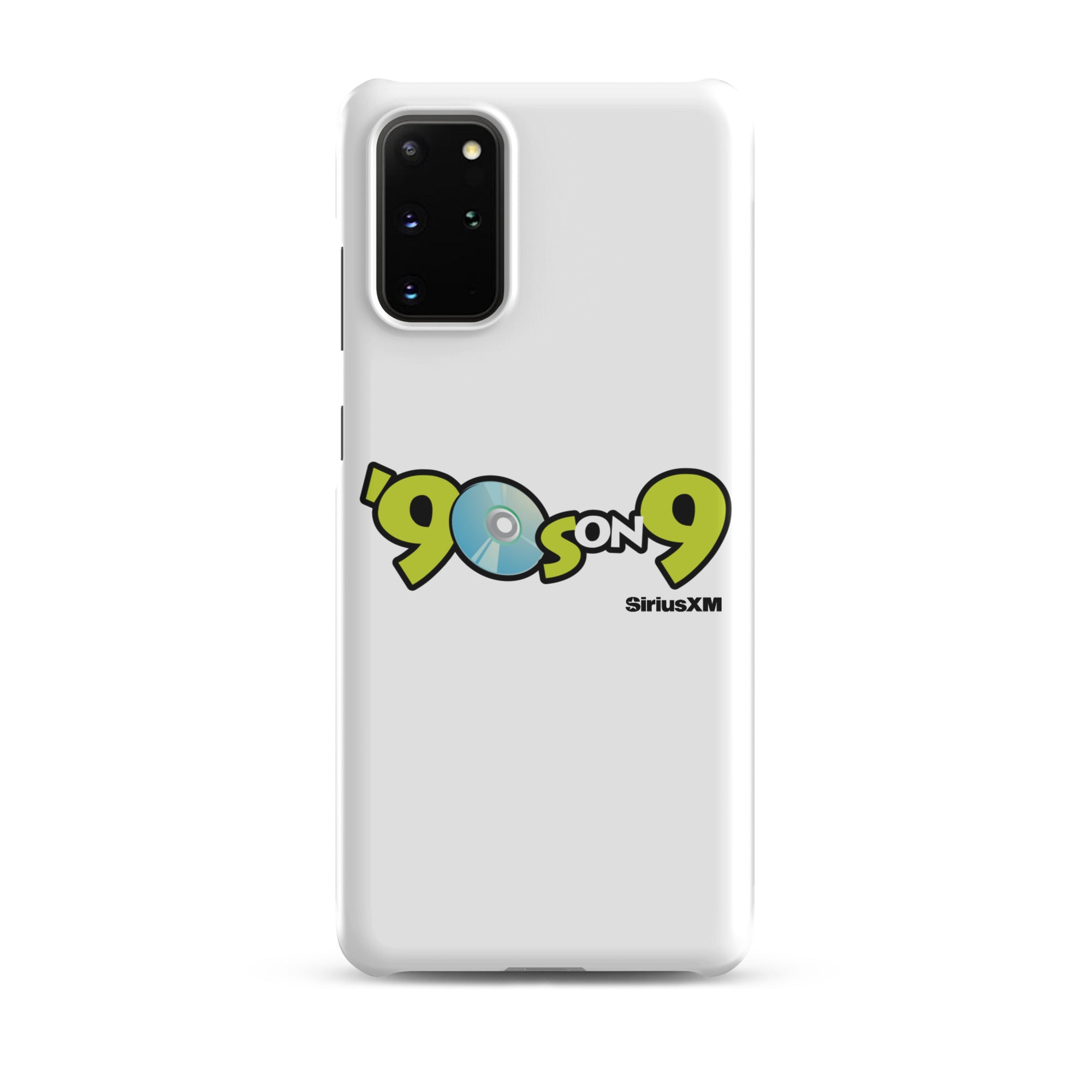 White phone case featuring the '90s on 9 SiriusXM' logo with a blue disc icon.