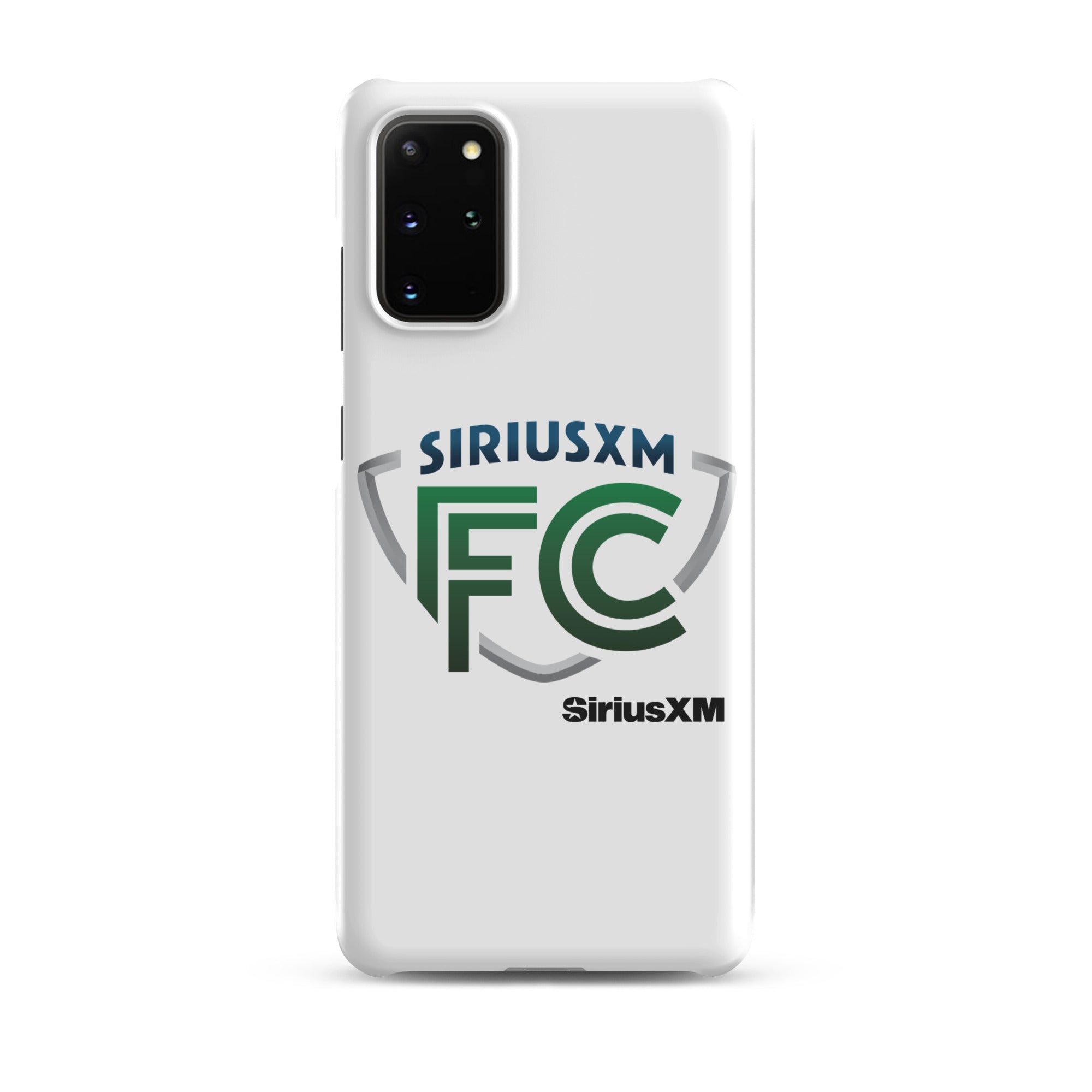 White phone case featuring 'SiriusXM FC' logo in green and blue.