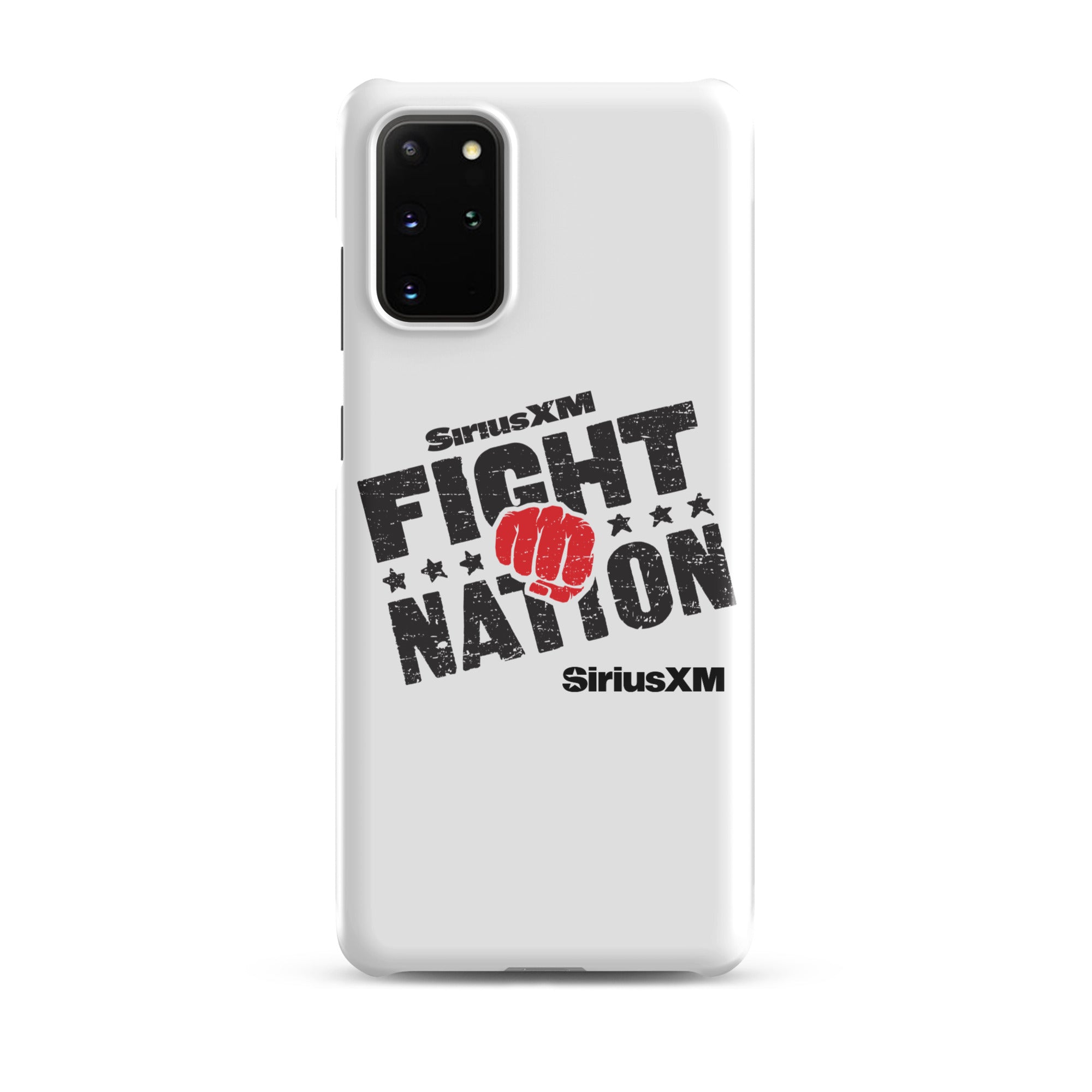 White phone case with 'SiriusXM FIGHT NATION' logo and a red fist graphic.