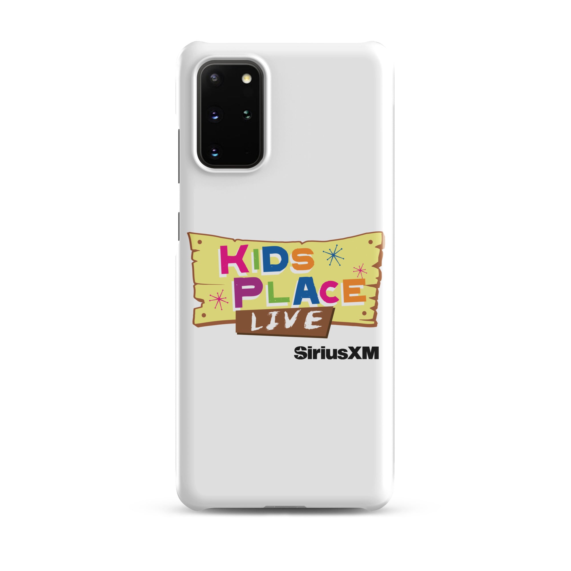 Kids Place Live' logo on a white phone case featuring colorful text and 'SiriusXM' branding.