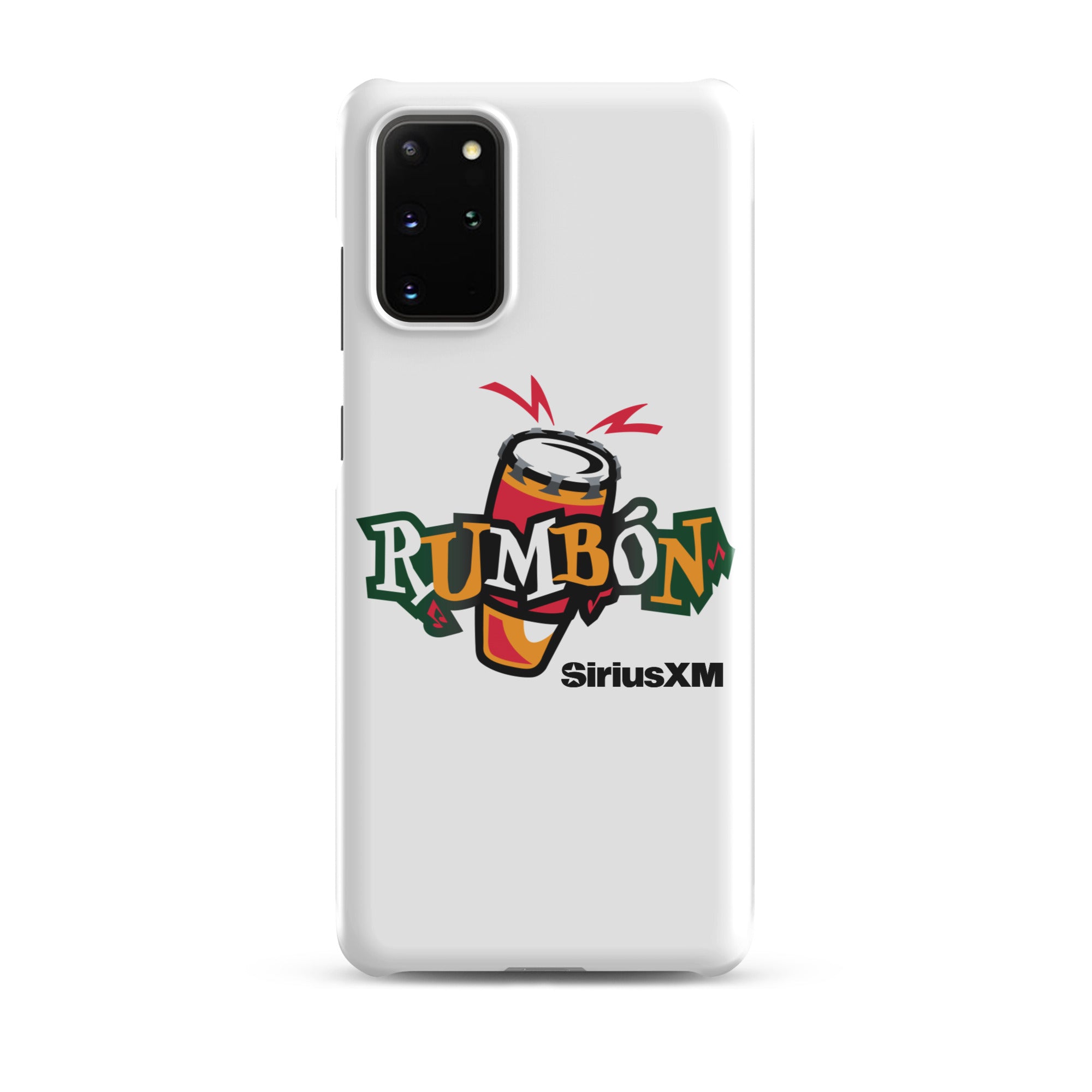 White phone case featuring a colorful 'Rumbón' logo with a conga drum and 'SiriusXM' branding.