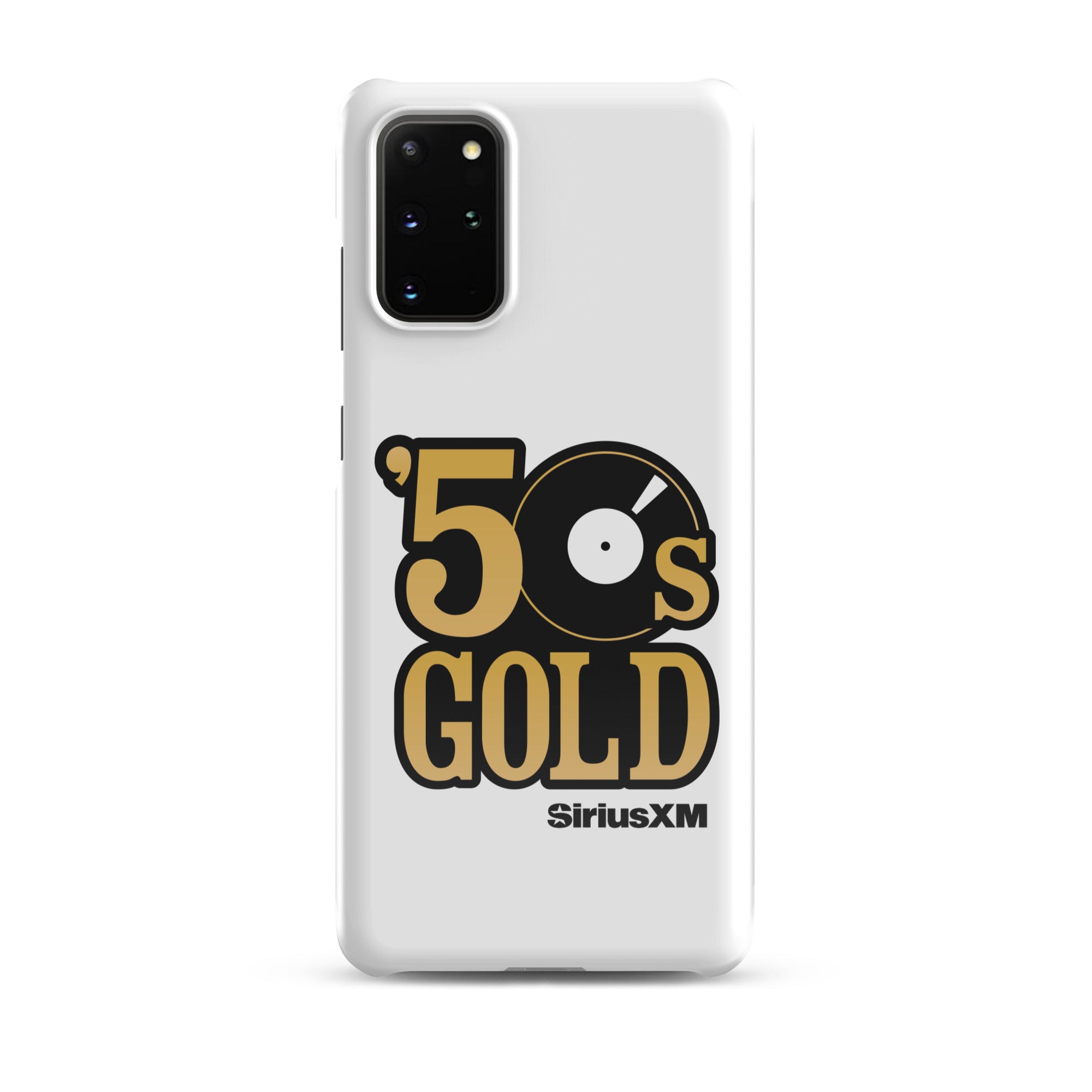A white phone case featuring '50s GOLD' logo and 'SiriusXM' branding.