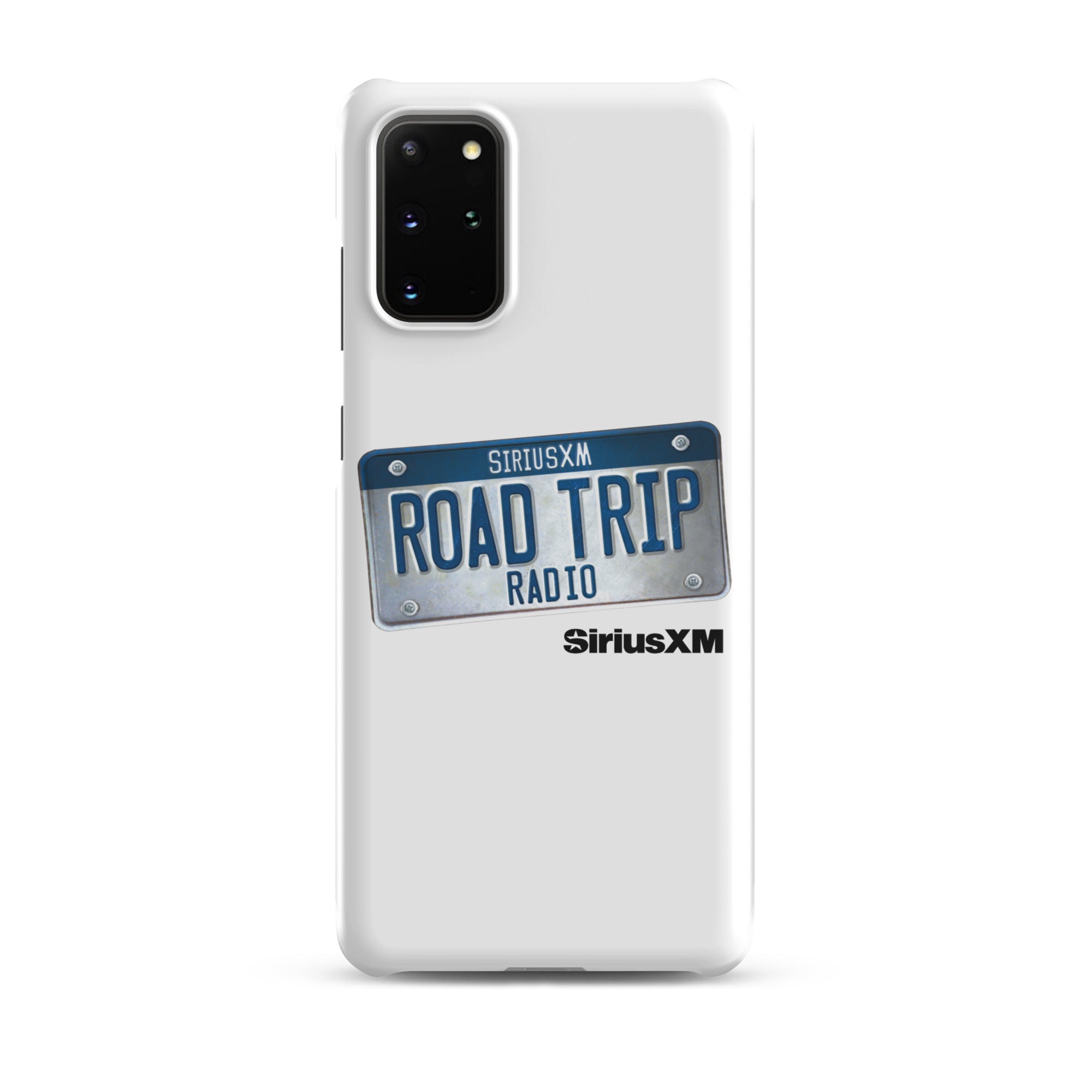A white phone case featuring a license plate design with 'ROAD TRIP RADIO' and 'SiriusXM' branding.