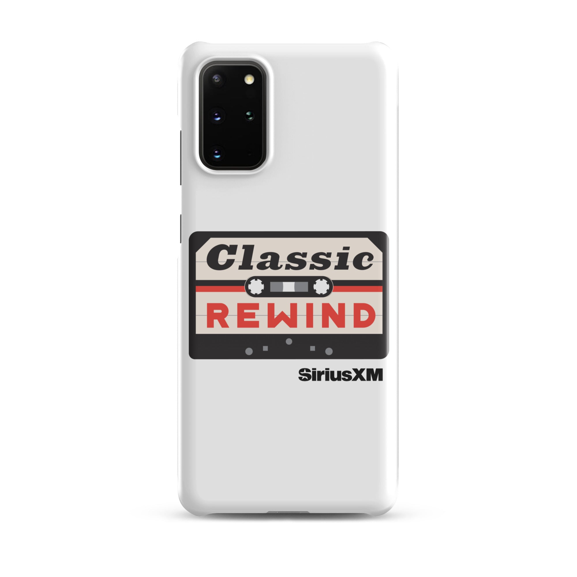 White phone case featuring a cassette tape design with 'Classic Rewind' text and 'SiriusXM' logo.