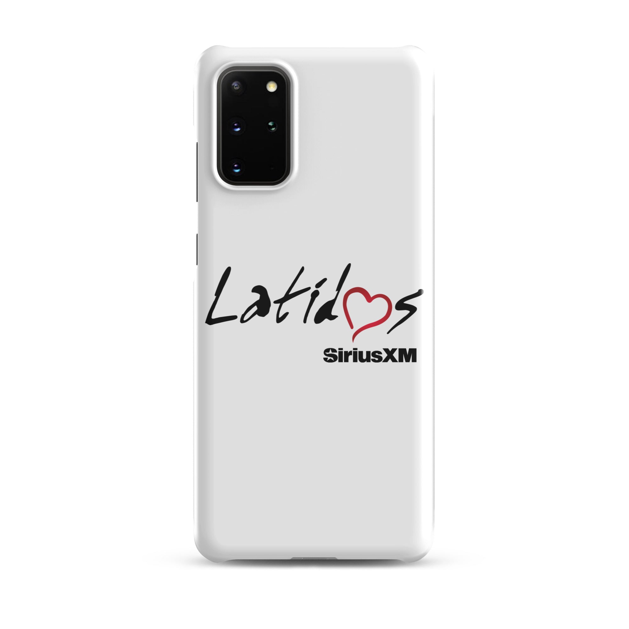 White phone case featuring 'Latidos' with a heart and 'SiriusXM' logo.