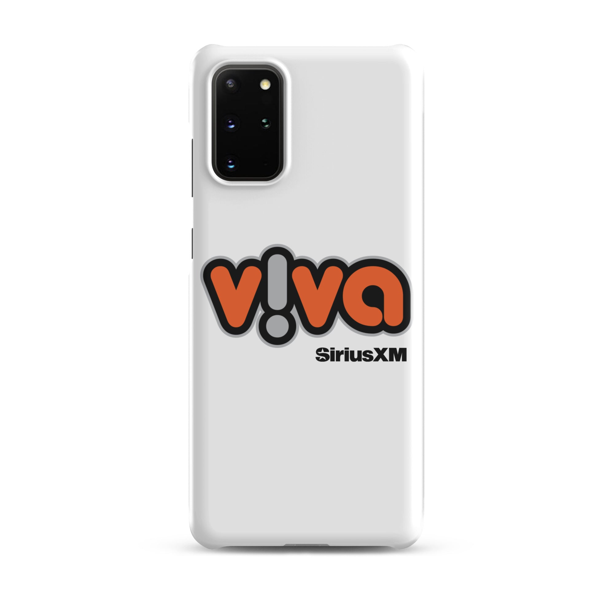 White phone case with 'viva' logo in orange and black, featuring 'SiriusXM' branding.