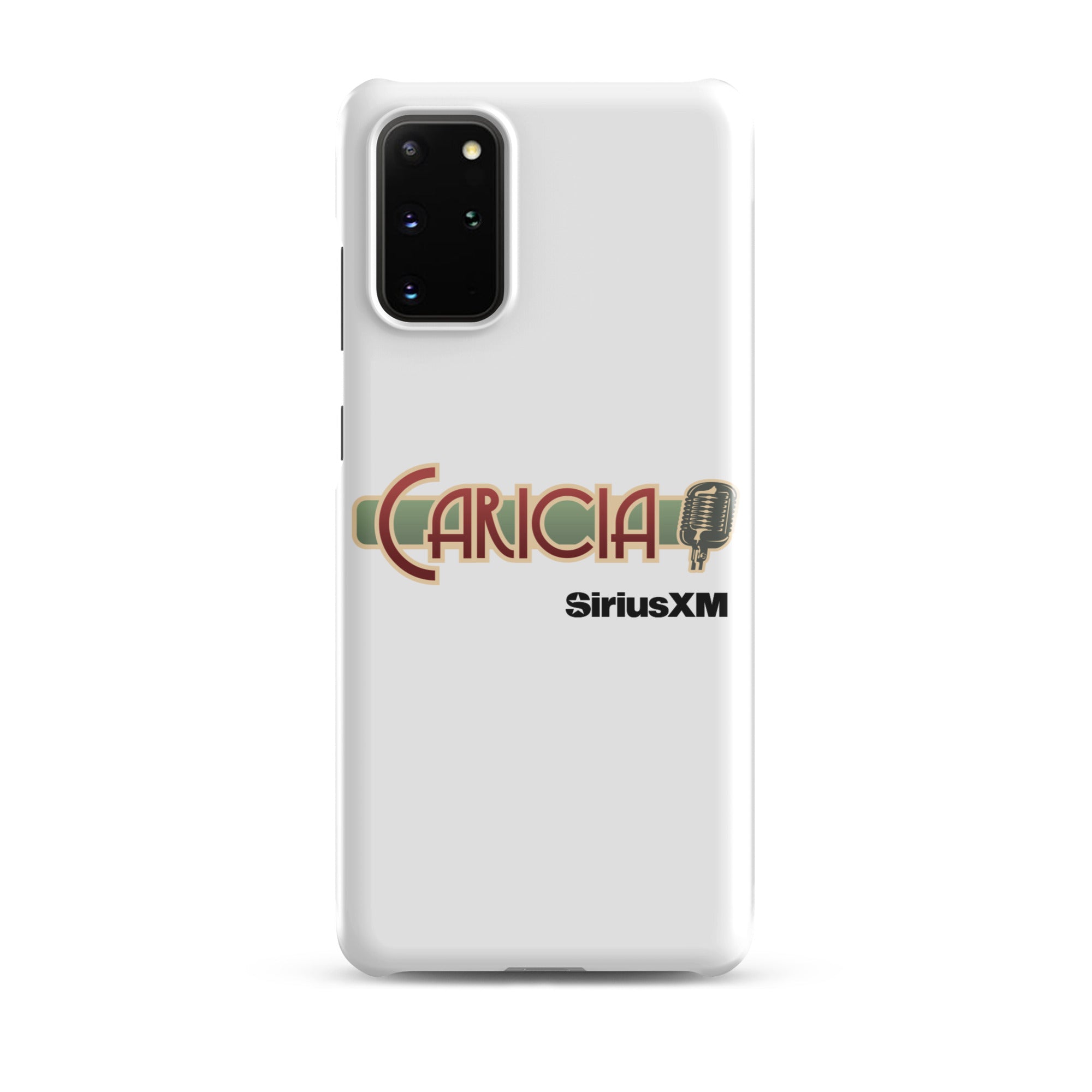 White phone case featuring the text 'CARICIA' and 'SiriusXM' with a microphone graphic.