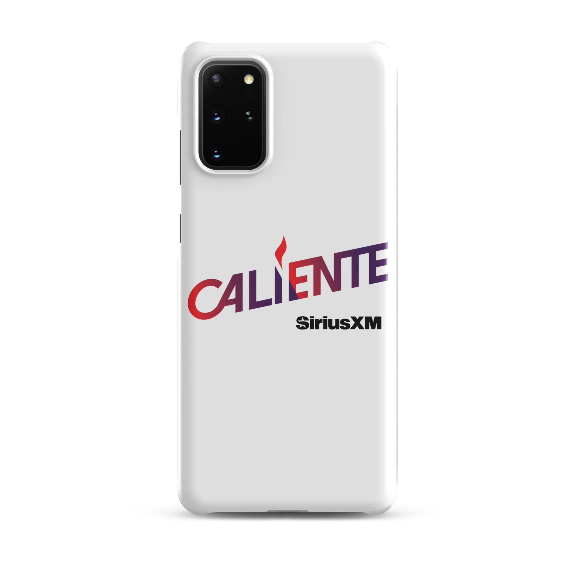 A white phone case with the word 'CALIENTE' in red and purple, and the 'SiriusXM' logo underneath.