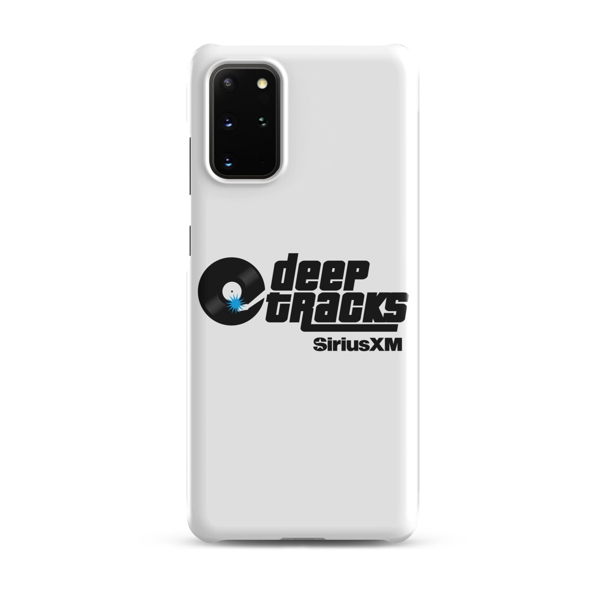 White smartphone case featuring the 'deep tracks' logo and 'SiriusXM' branding.