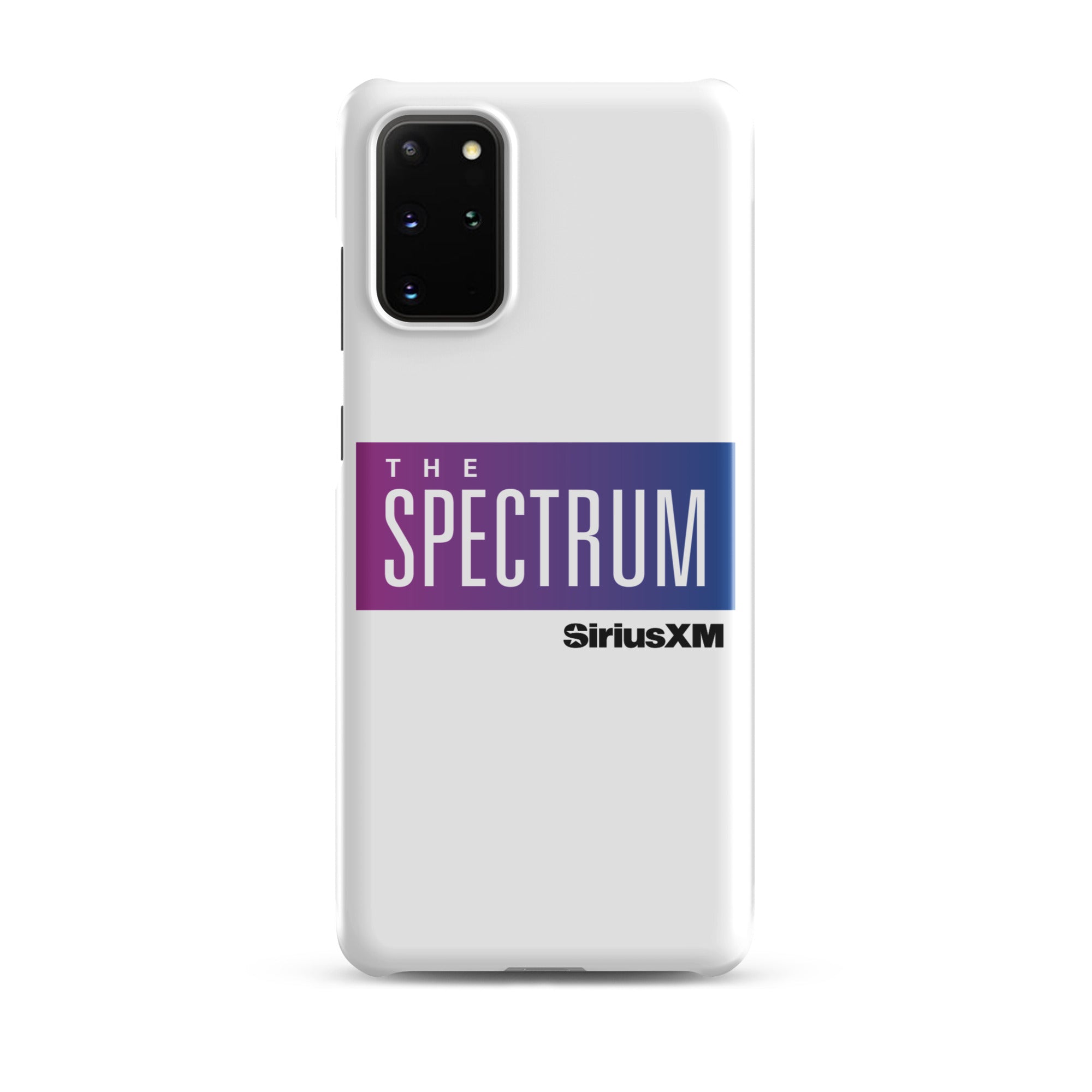 White phone case featuring 'THE SPECTRUM' logo and 'SiriusXM' text in blue and purple.