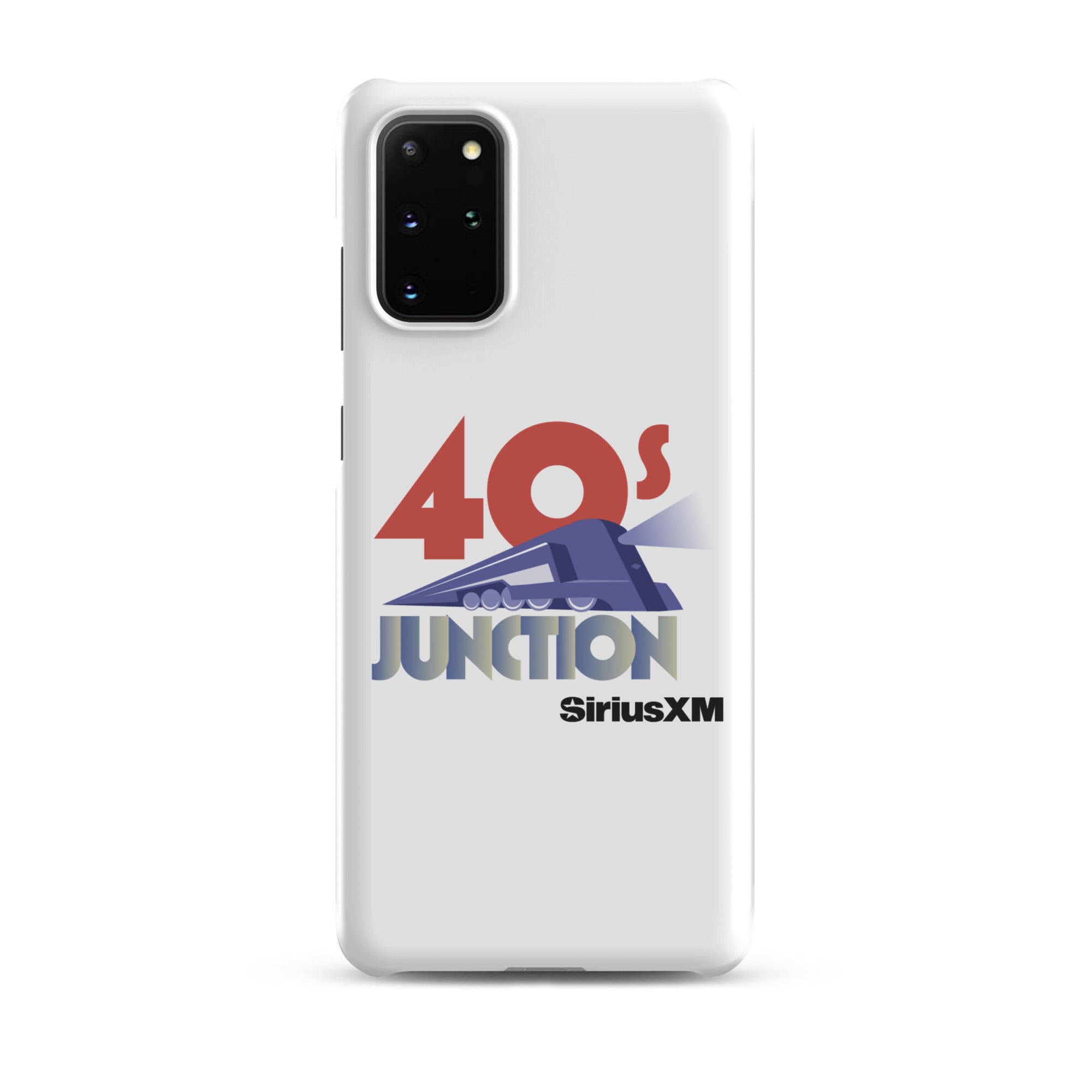 White phone case featuring a design with '40s Junction' and a train graphic, branded with 'SiriusXM.'