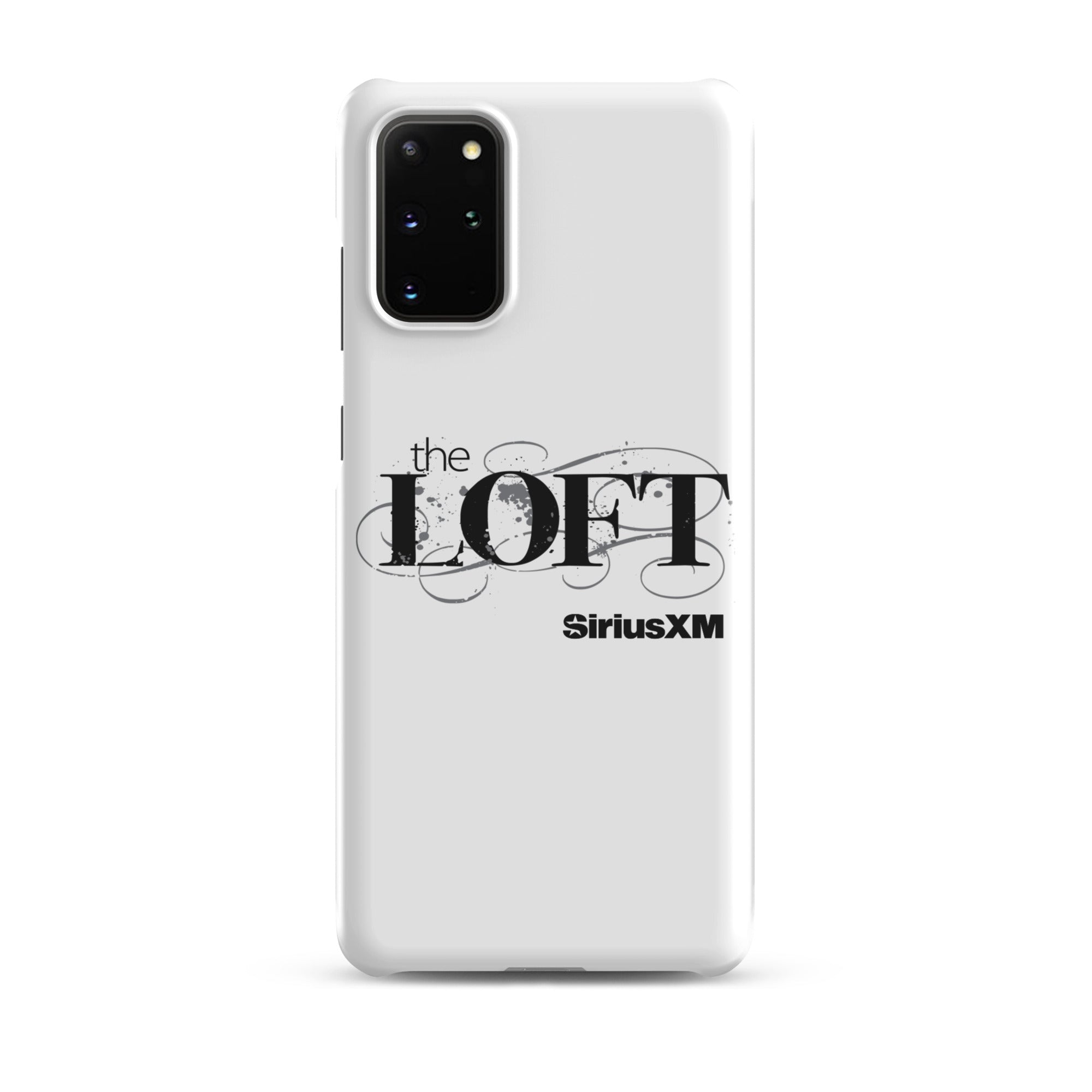 White phone case featuring 'the LOFT' and 'SiriusXM' logos in black typography.