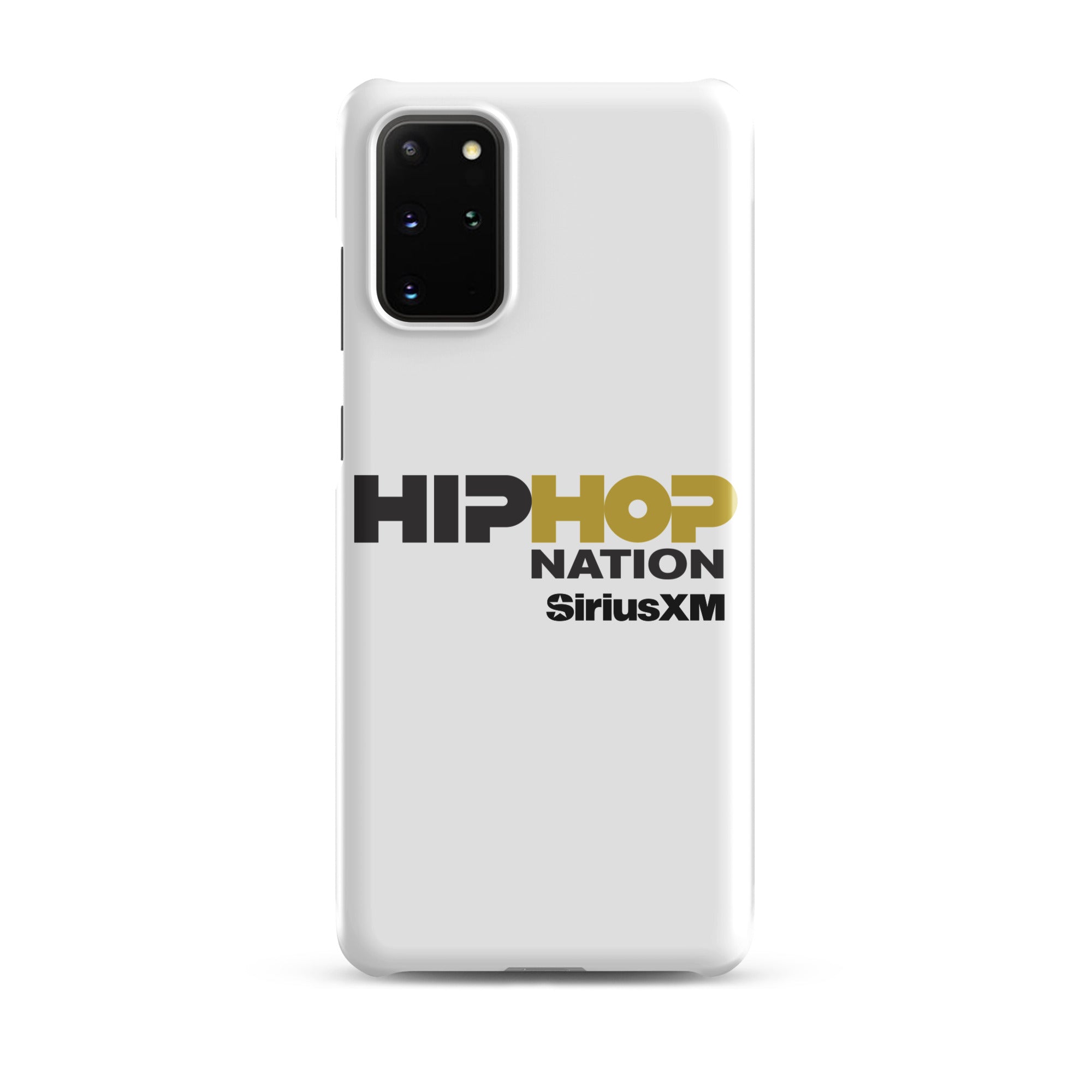 A white phone case featuring the text 'HIP HOP NATION' and 'SiriusXM' in black and gold.