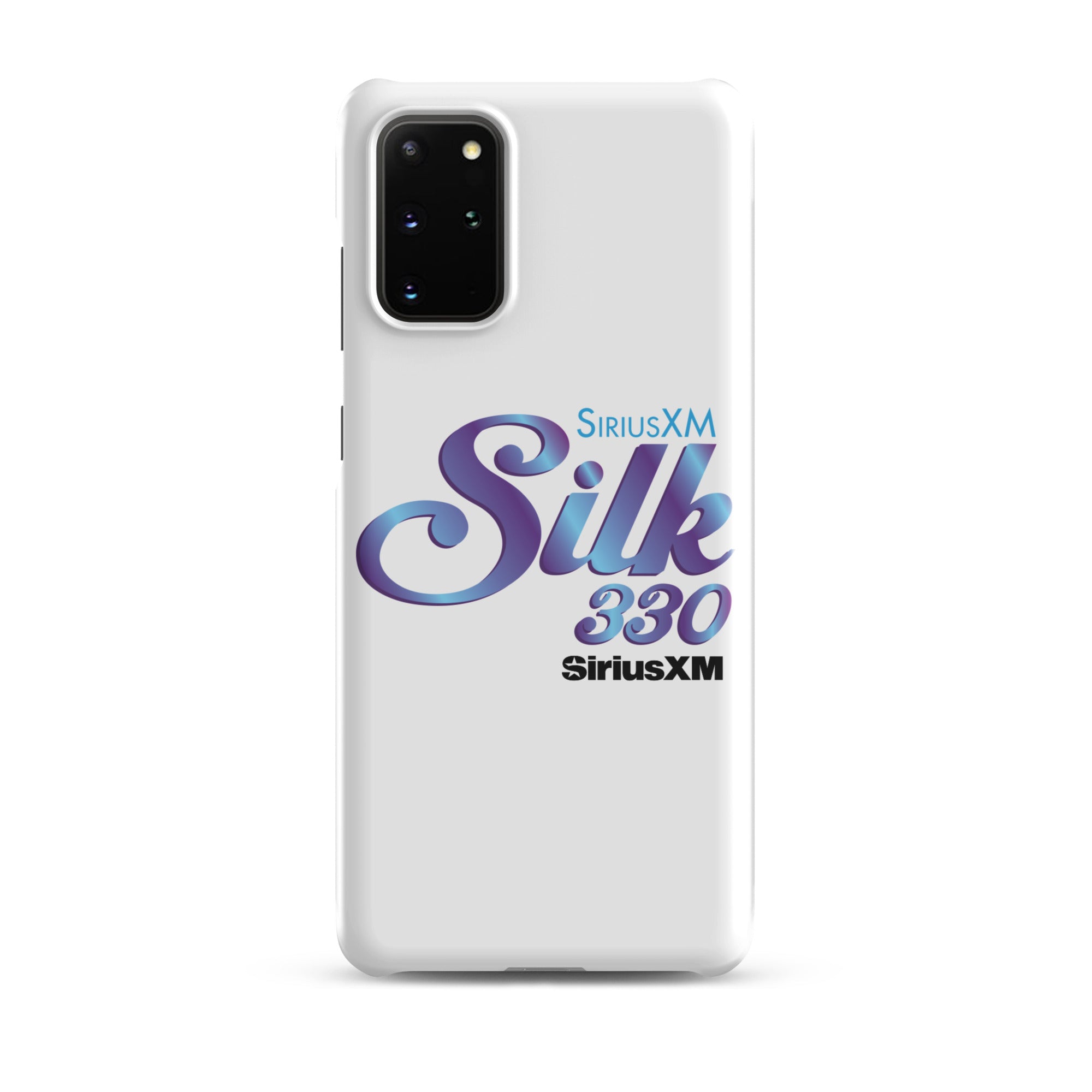 White phone case featuring 'SiriusXM Silk 330' logo in purple and 'SiriusXM' branding in black text.