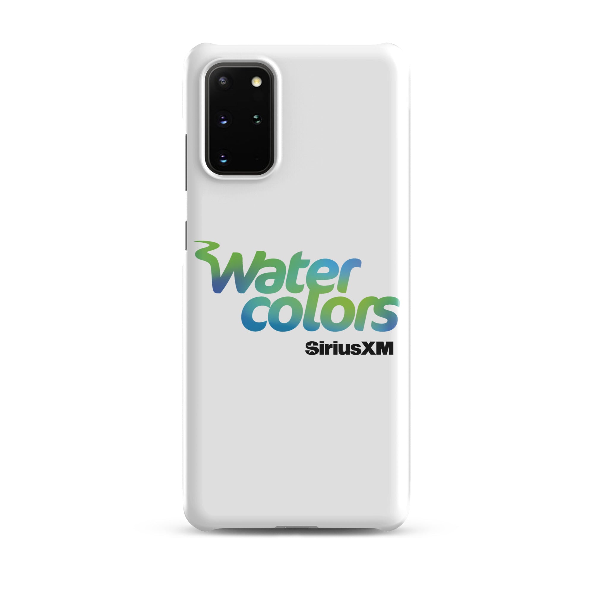 White smartphone case with 'Water colors' logo in blue and green, and 'SiriusXM' in black.