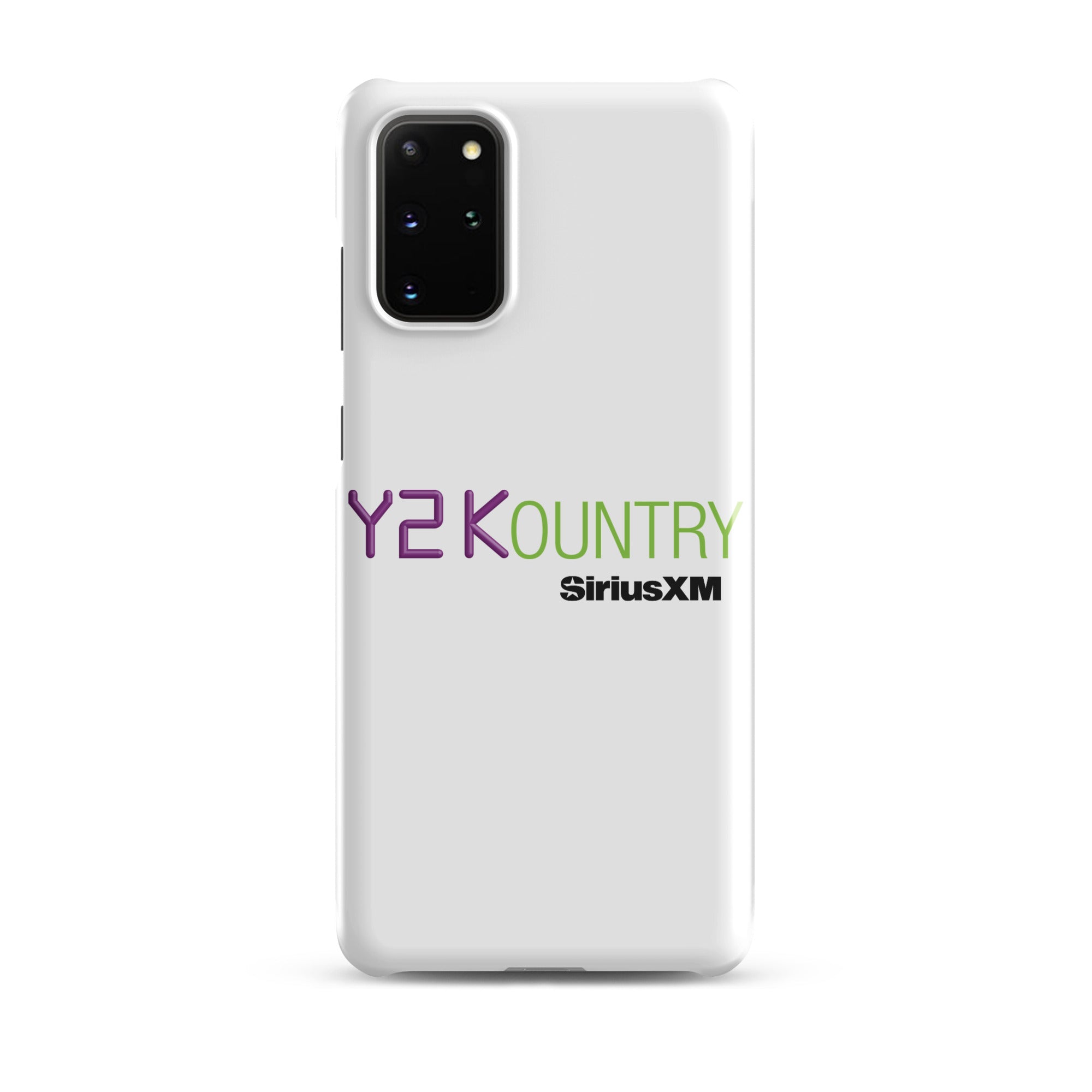 White phone case featuring 'Y2KOUNTRY' and 'SiriusXM' logos in purple and green.