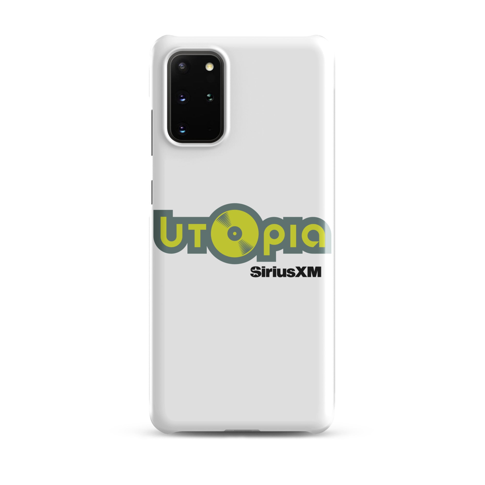 White phone case with the 'Utopia' logo and 'SiriusXM' branding in green and black.