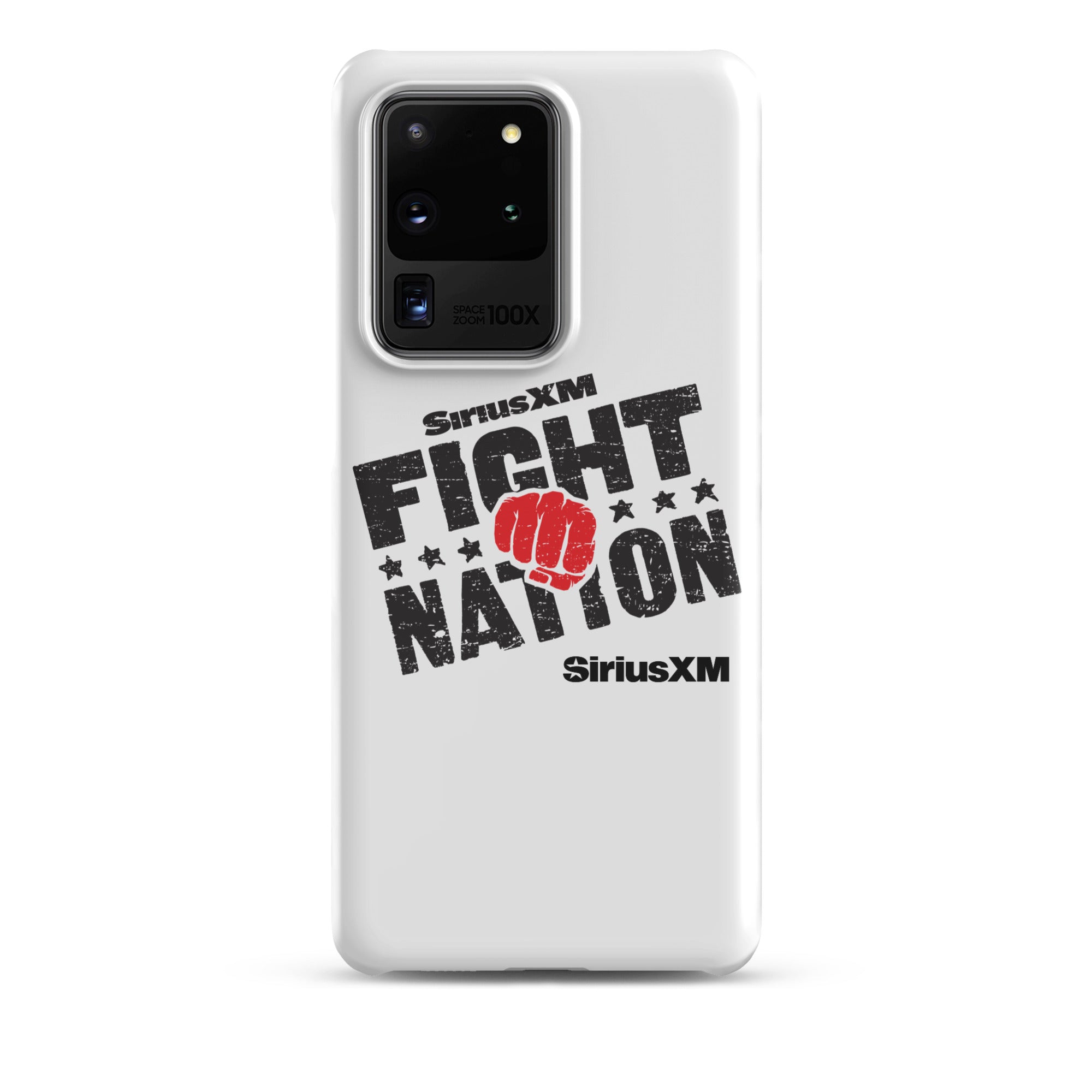 White phone case with 'SiriusXM FIGHT NATION' logo and a red fist graphic.