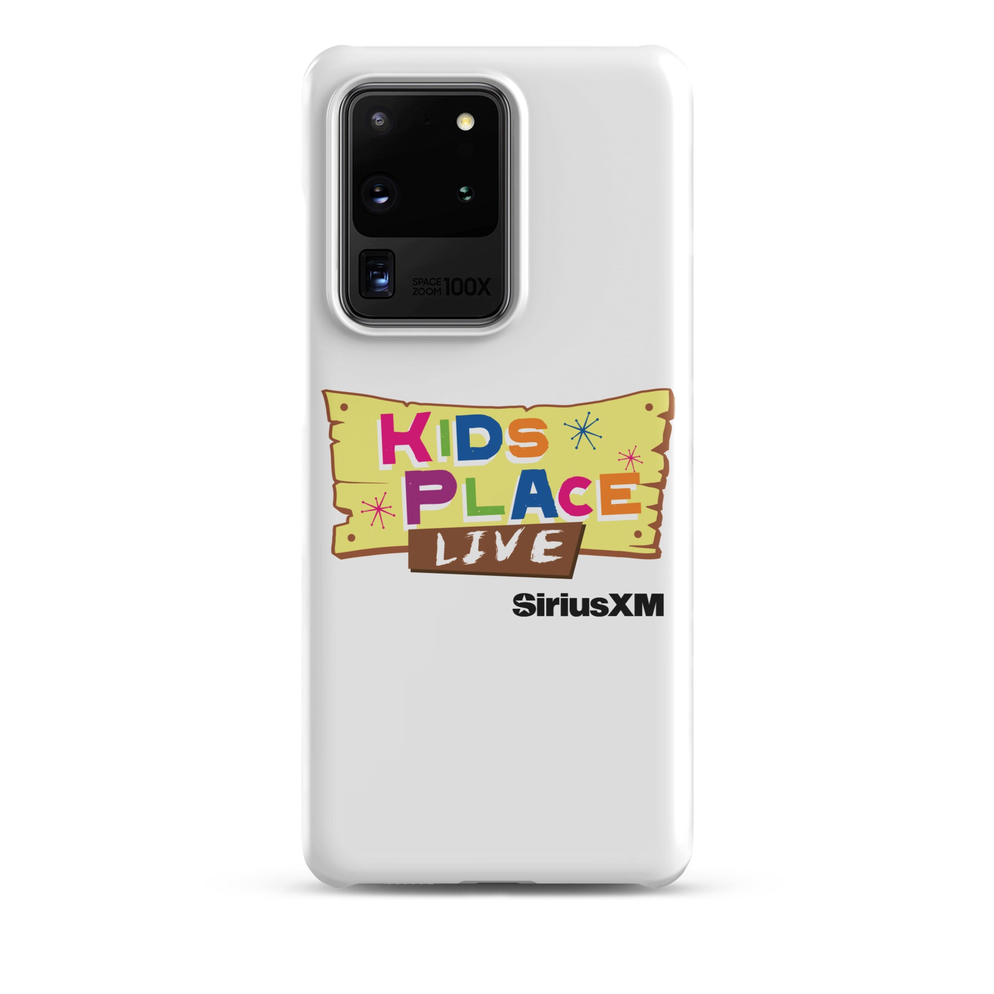 Kids Place Live' logo on a white phone case featuring colorful text and 'SiriusXM' branding.