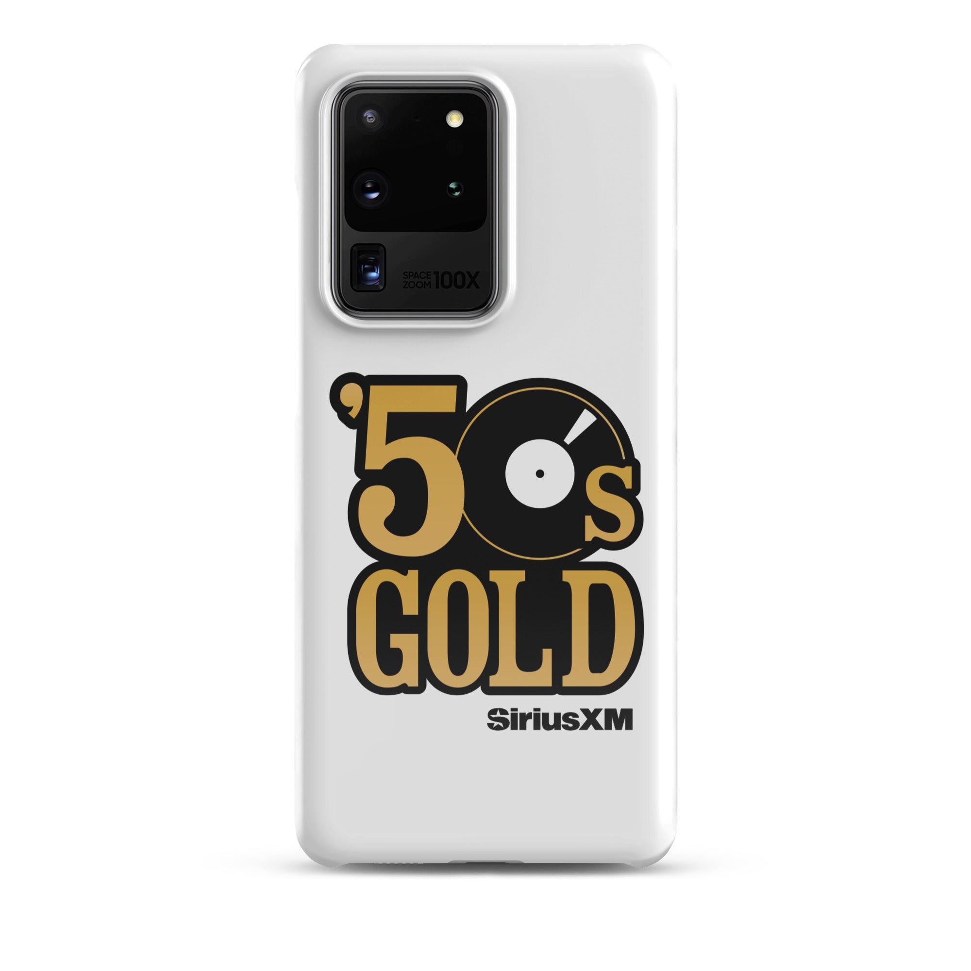 A white phone case featuring '50s GOLD' logo and 'SiriusXM' branding.