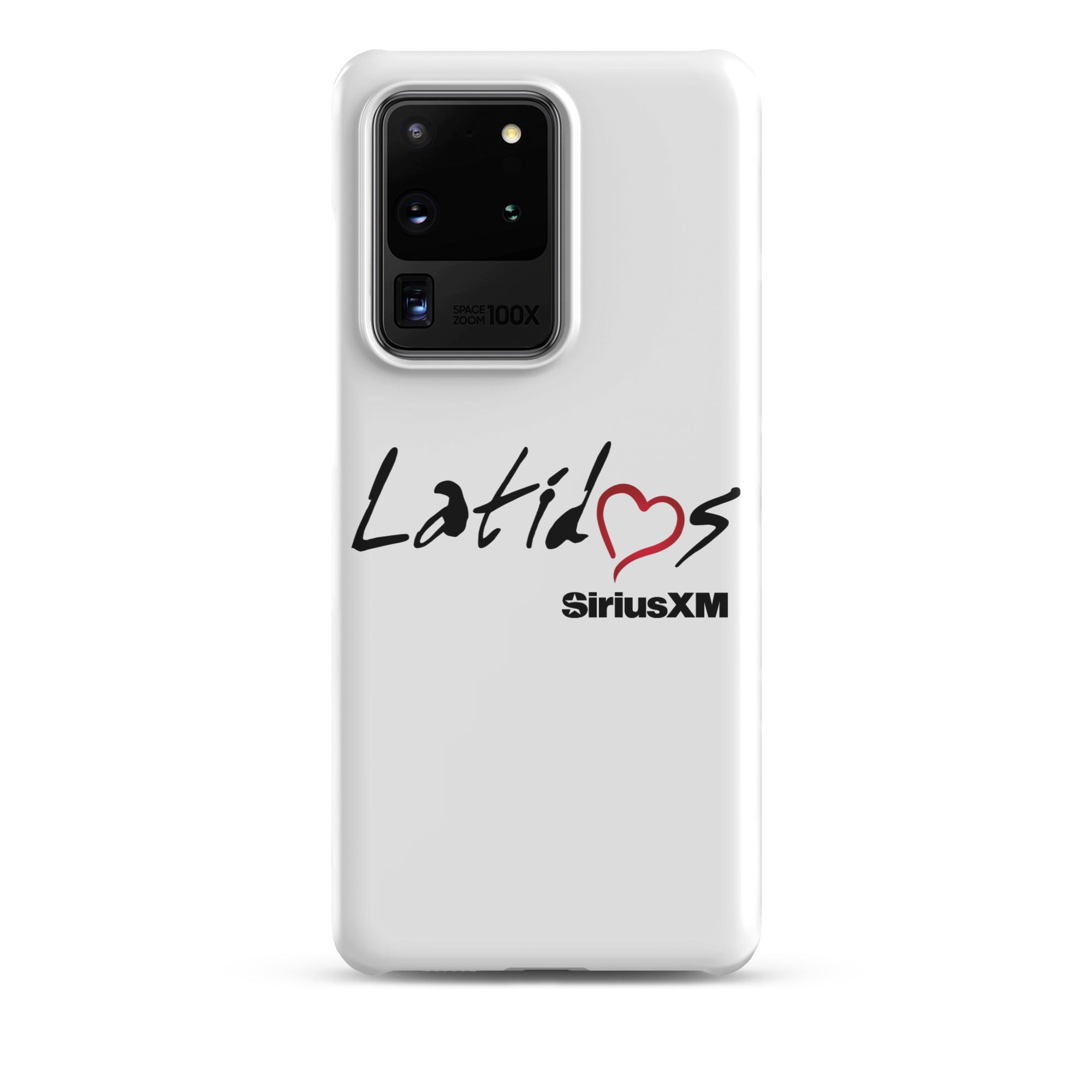 White phone case featuring 'Latidos' with a heart and 'SiriusXM' logo.