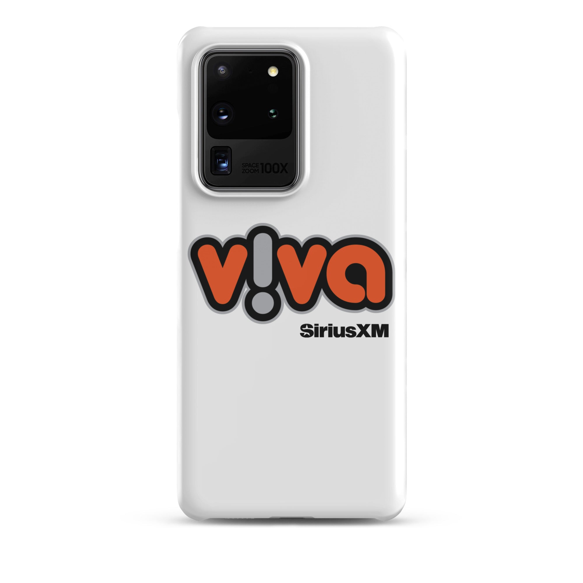 White phone case with 'viva' logo in orange and black, featuring 'SiriusXM' branding.