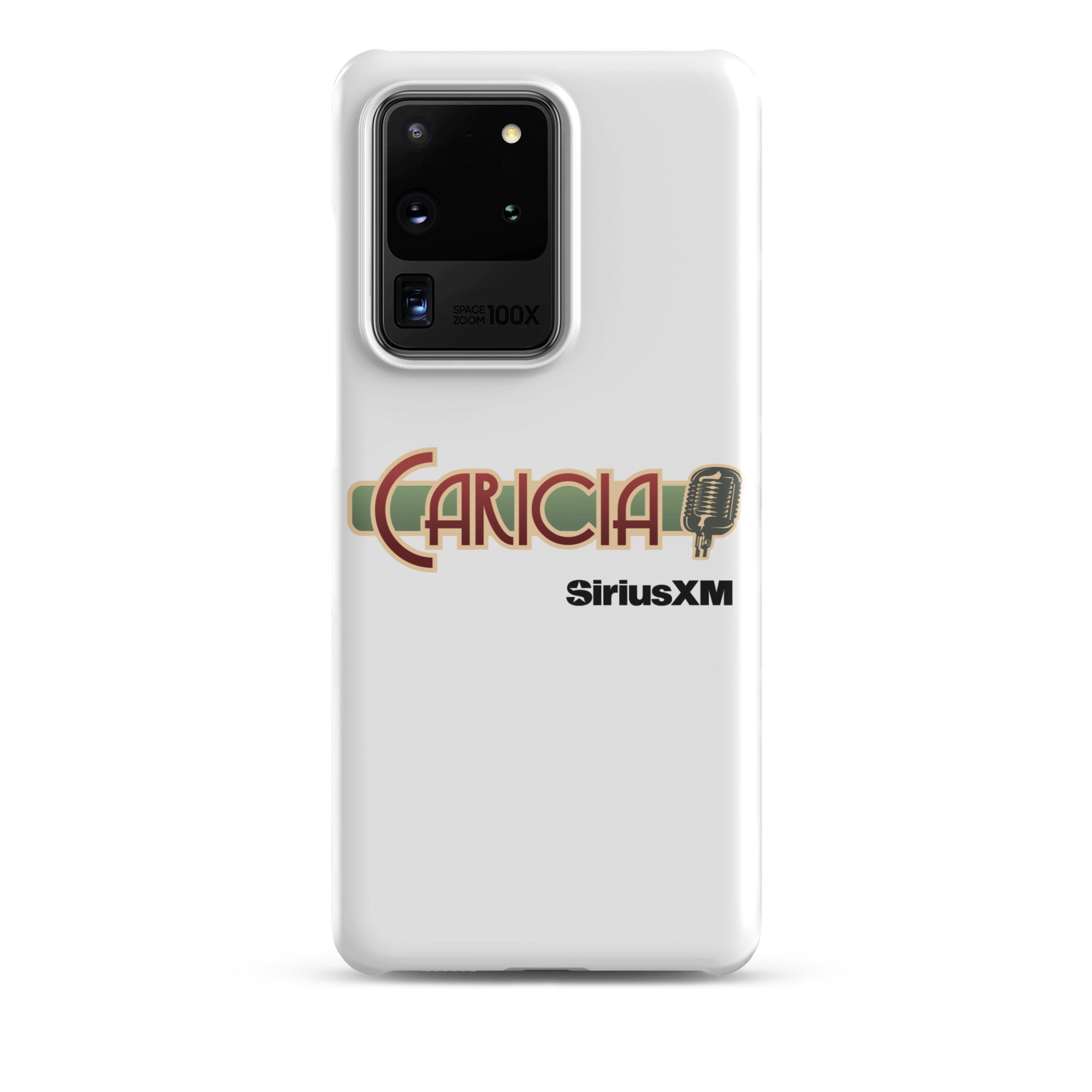 White phone case featuring the text 'CARICIA' and 'SiriusXM' with a microphone graphic.