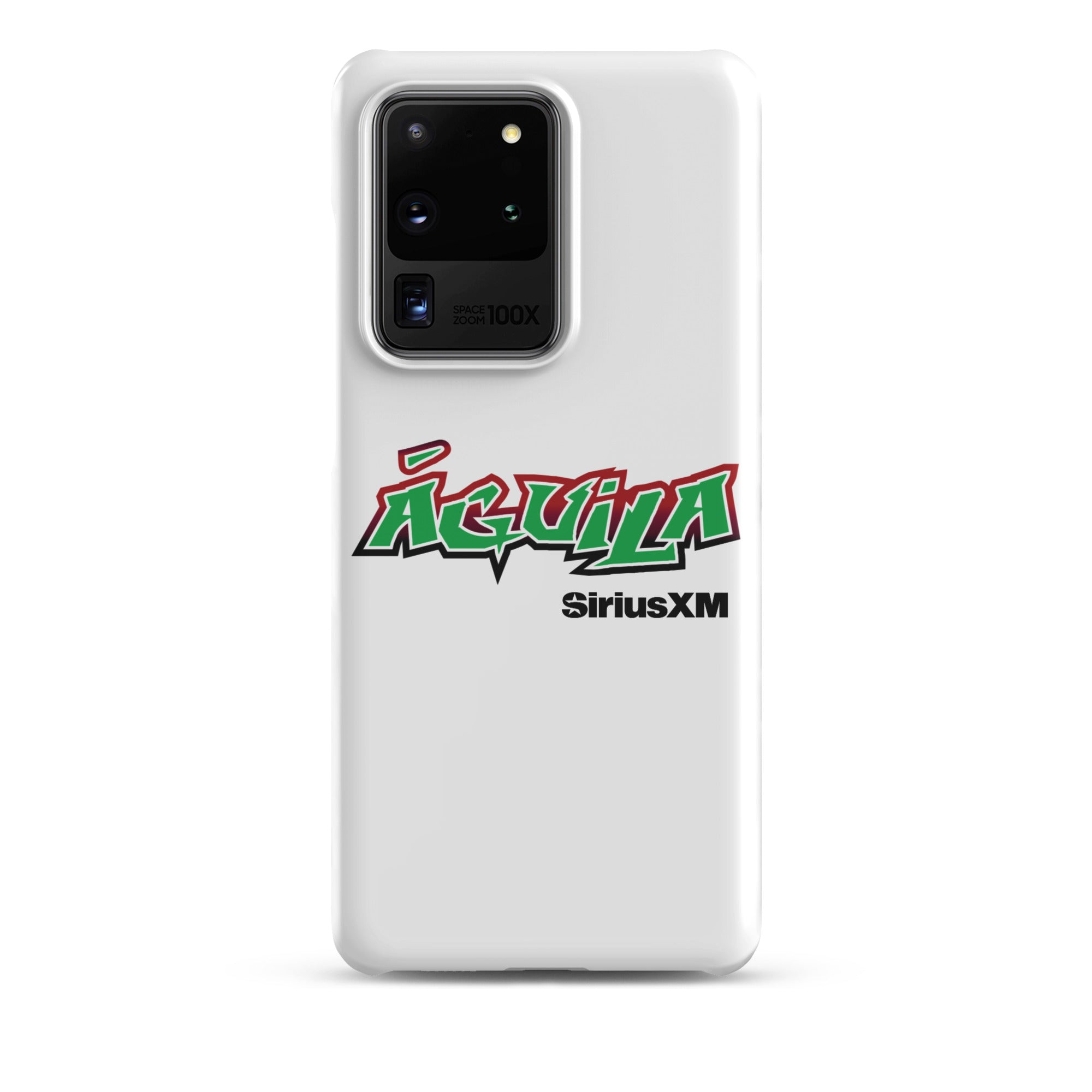 White smartphone case featuring 'Águila' in green and red text with 'SiriusXM' below.