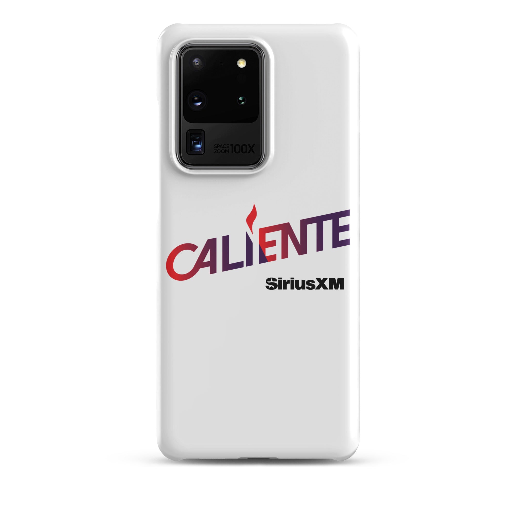 A white phone case with the word 'CALIENTE' in red and purple, and the 'SiriusXM' logo underneath.