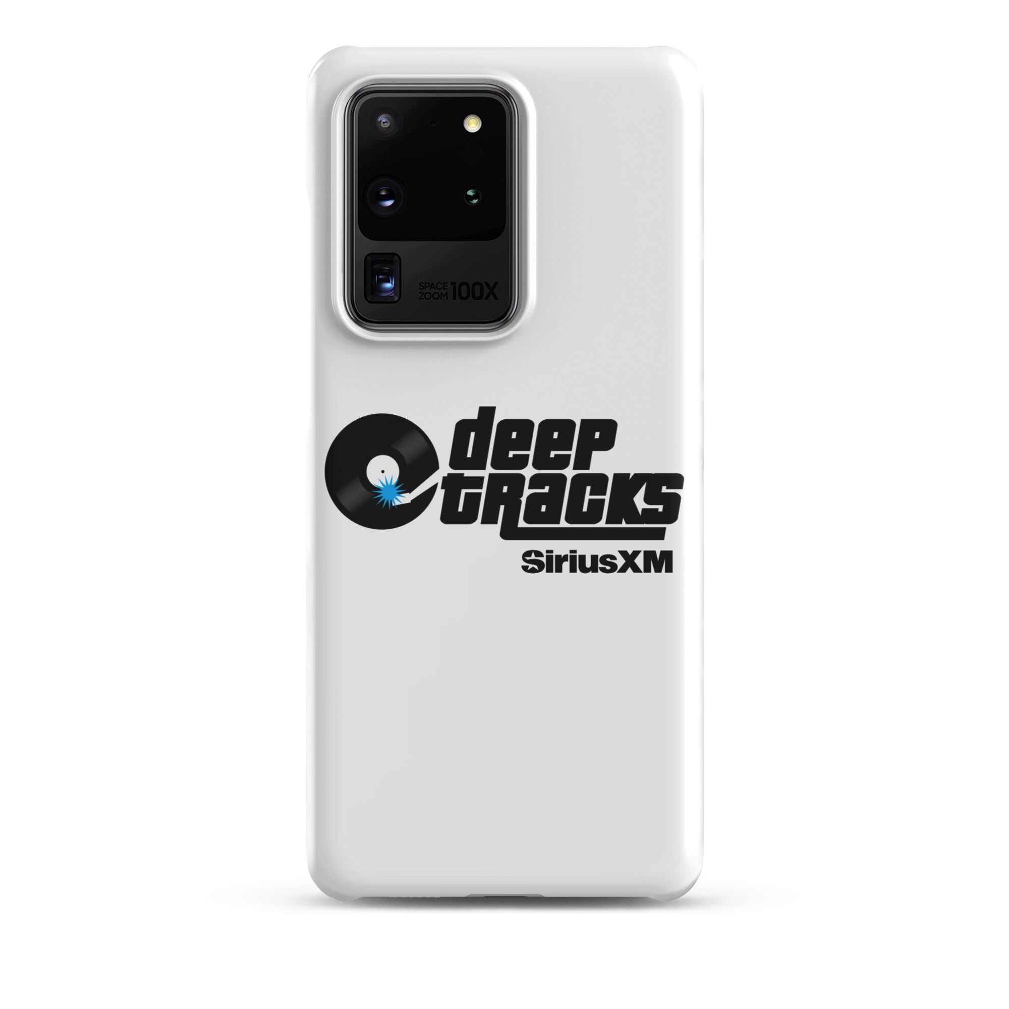 White smartphone case featuring the 'deep tracks' logo and 'SiriusXM' branding.