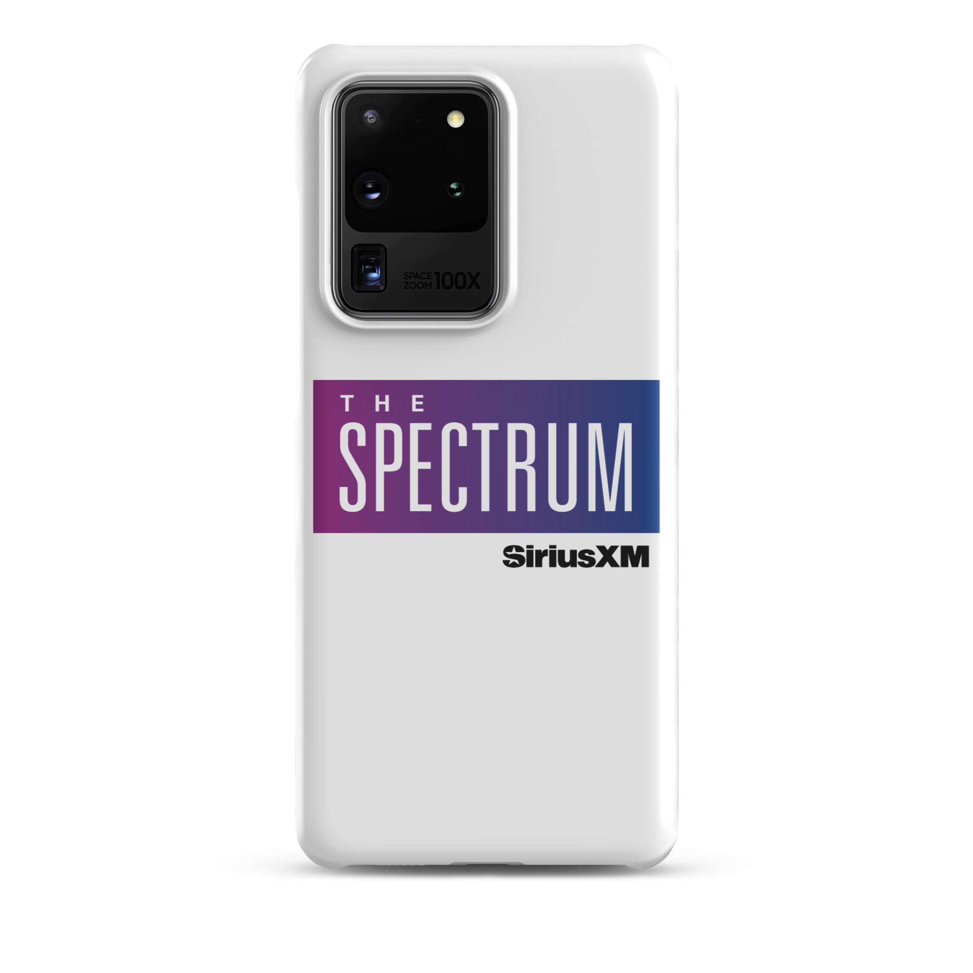 White phone case featuring 'THE SPECTRUM' logo and 'SiriusXM' text in blue and purple.