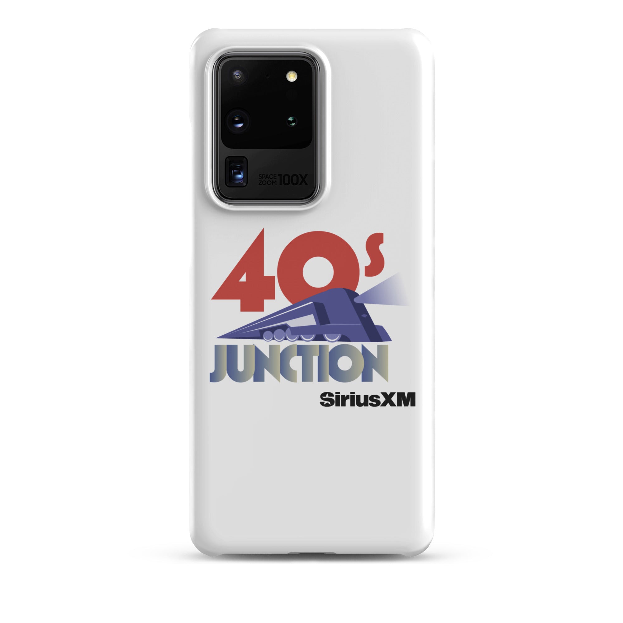 White phone case featuring a design with '40s Junction' and a train graphic, branded with 'SiriusXM.'