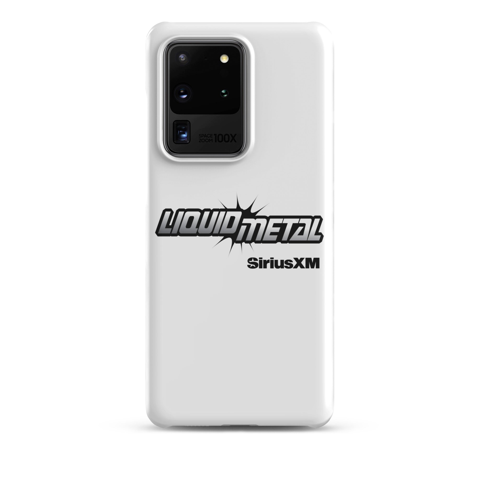 White phone case featuring 'LIQUID METAL' logo and 'SiriusXM' branding.
