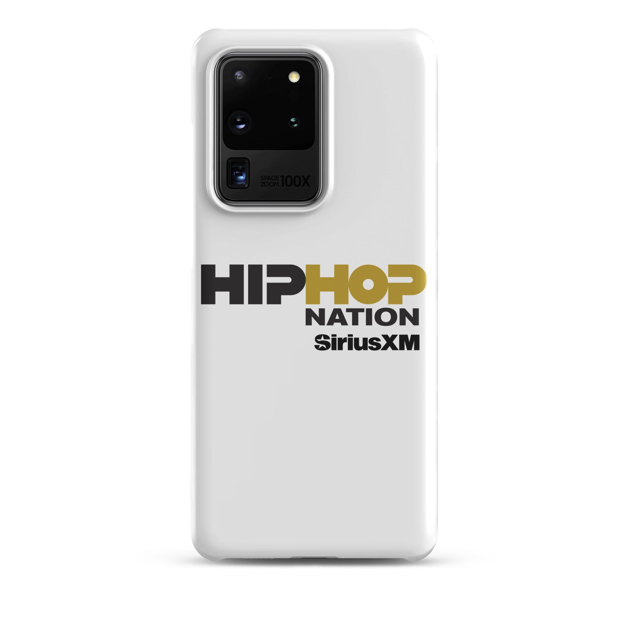 A white phone case featuring the text 'HIP HOP NATION' and 'SiriusXM' in black and gold.
