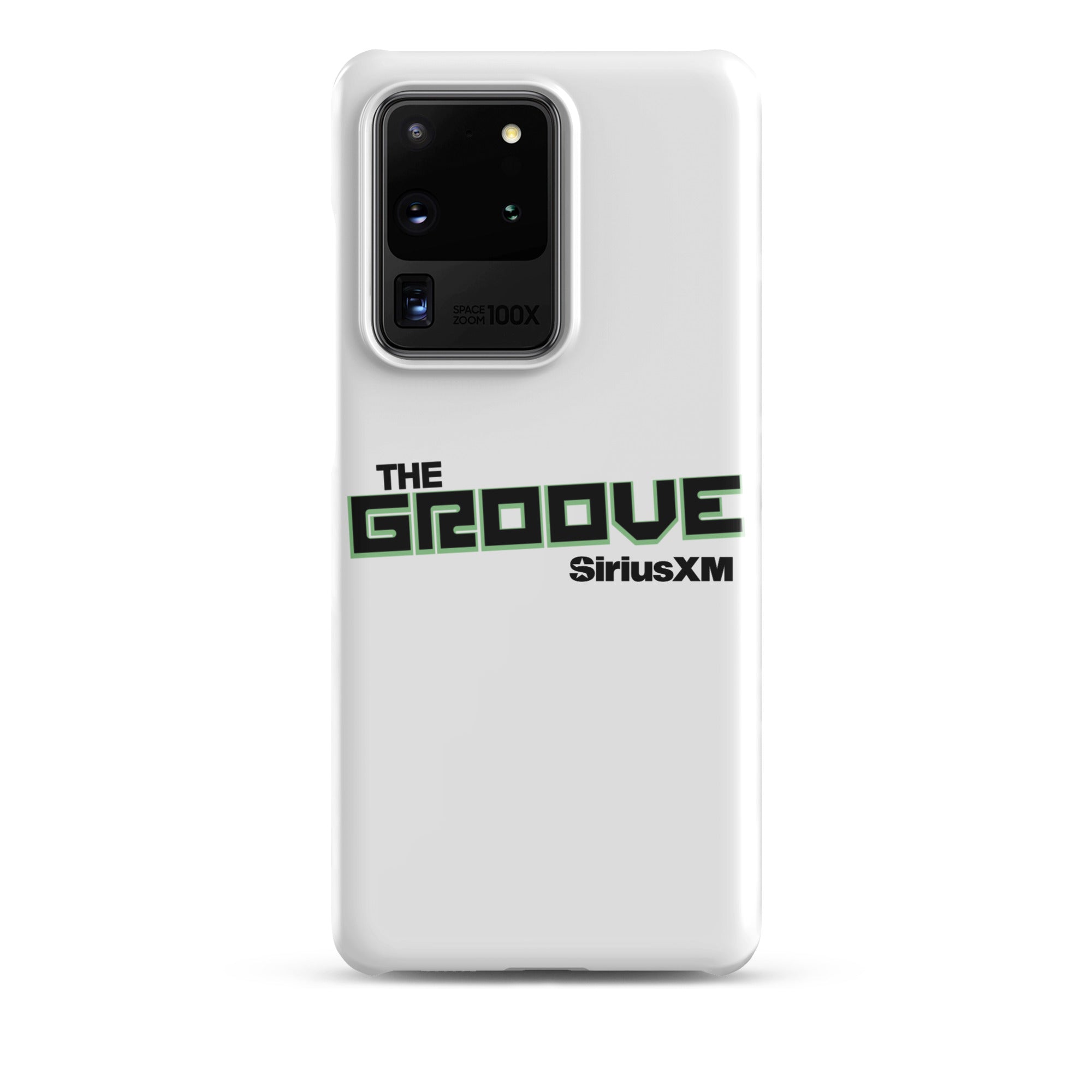 White phone case featuring 'THE GROOVE' and 'SiriusXM' logos in green and black.
