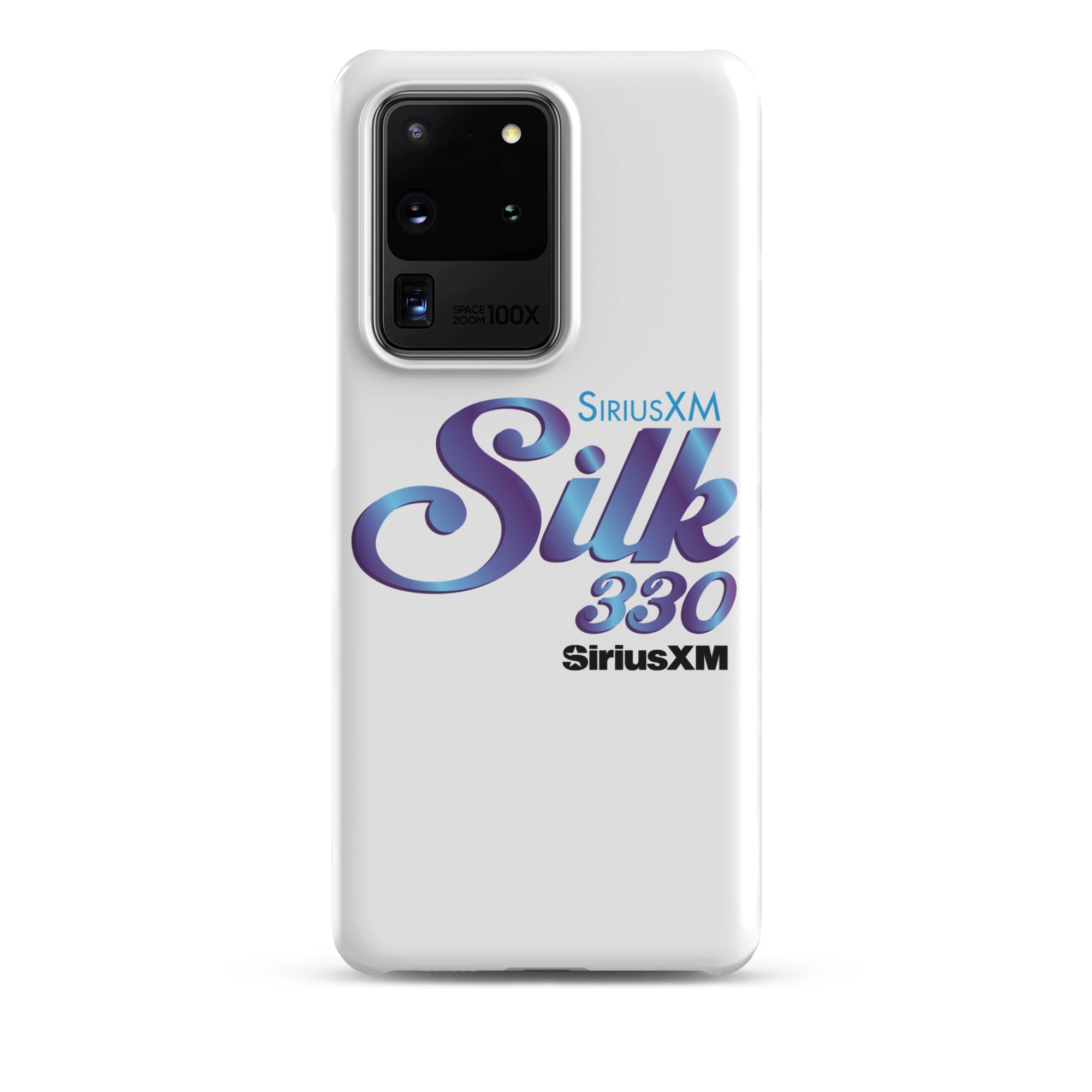White phone case featuring 'SiriusXM Silk 330' logo in purple and 'SiriusXM' branding in black text.