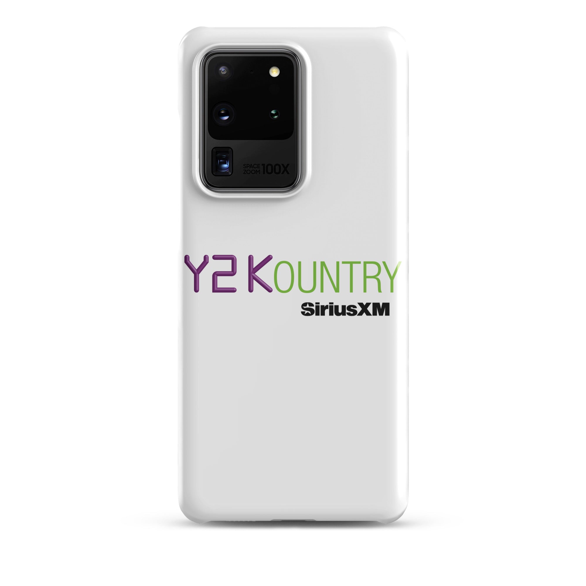 White phone case featuring 'Y2KOUNTRY' and 'SiriusXM' logos in purple and green.