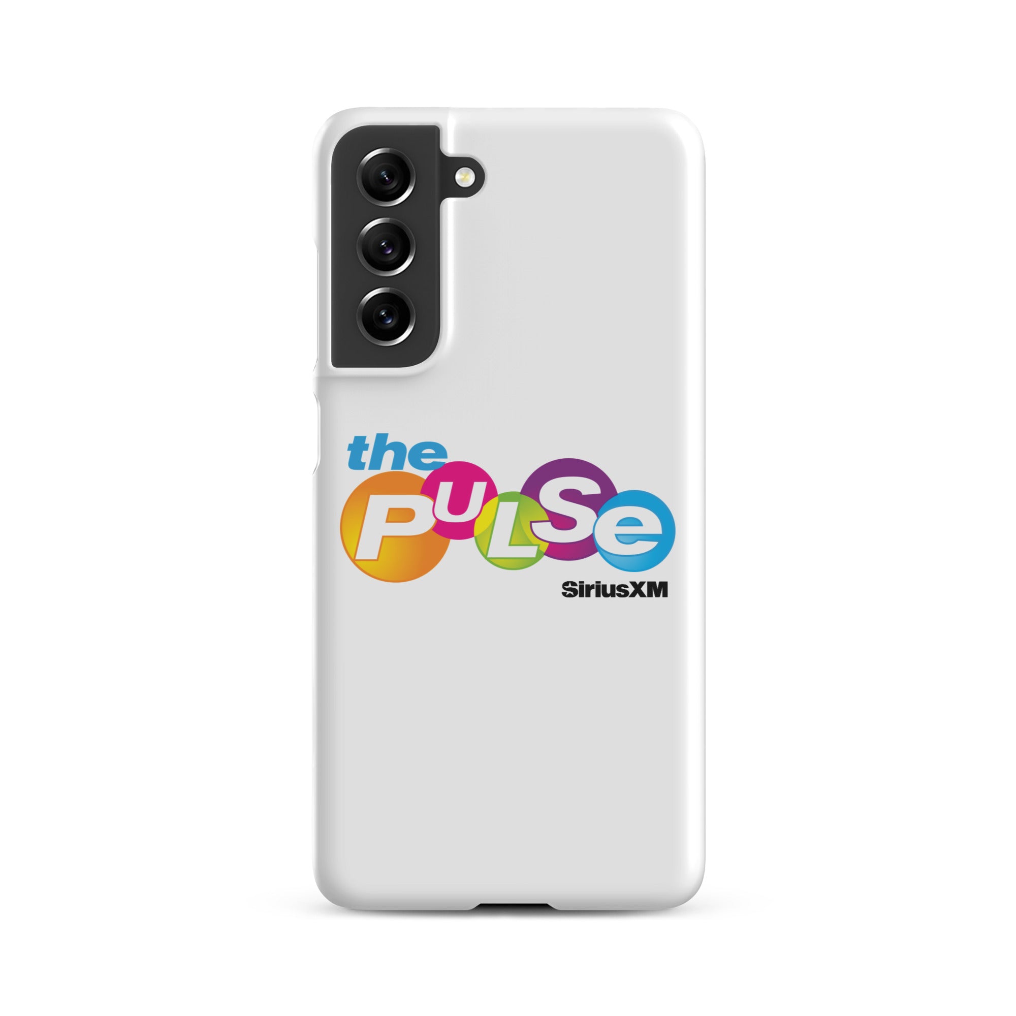 A white phone case featuring the colorful logo 'the PULSe SiriusXM.'