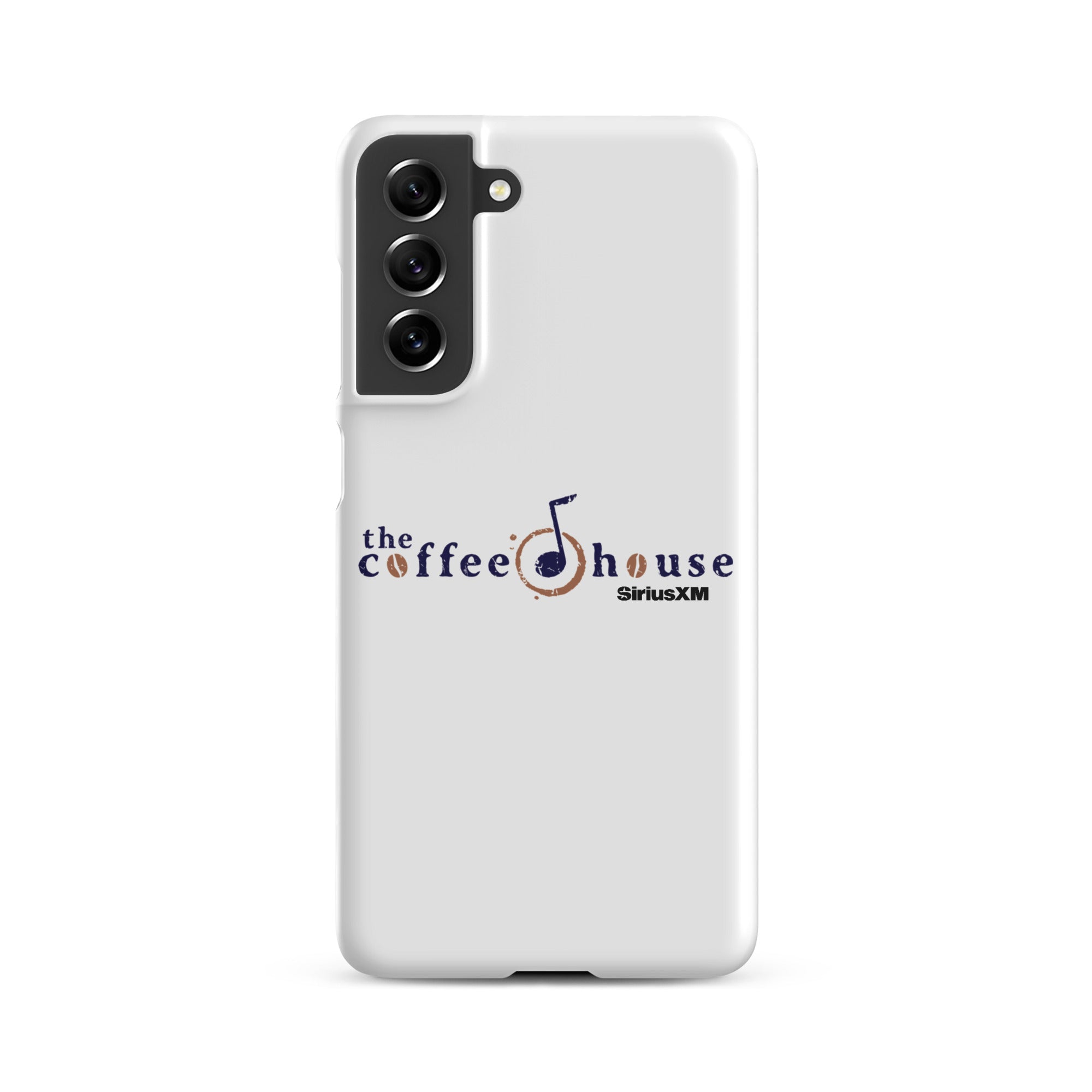 White smartphone case featuring 'the coffee house' logo with a musical note and 'SiriusXM' branding.