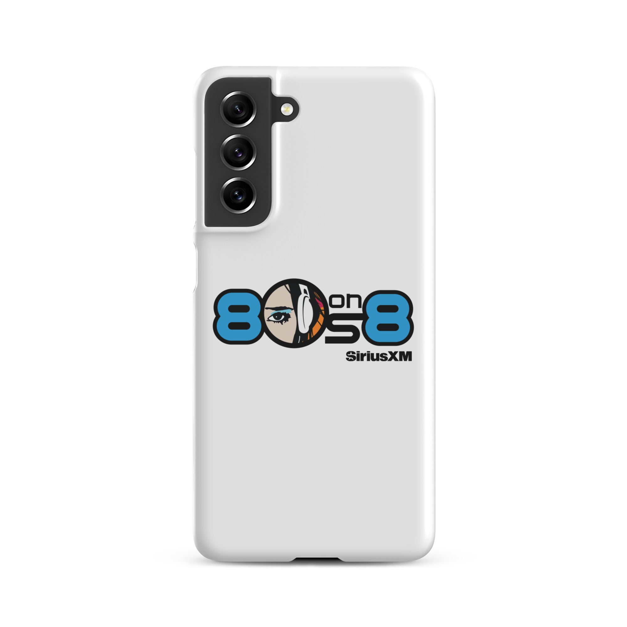 White phone case featuring the '80s on 8 SiriusXM' logo with a stylized face and headphones design.