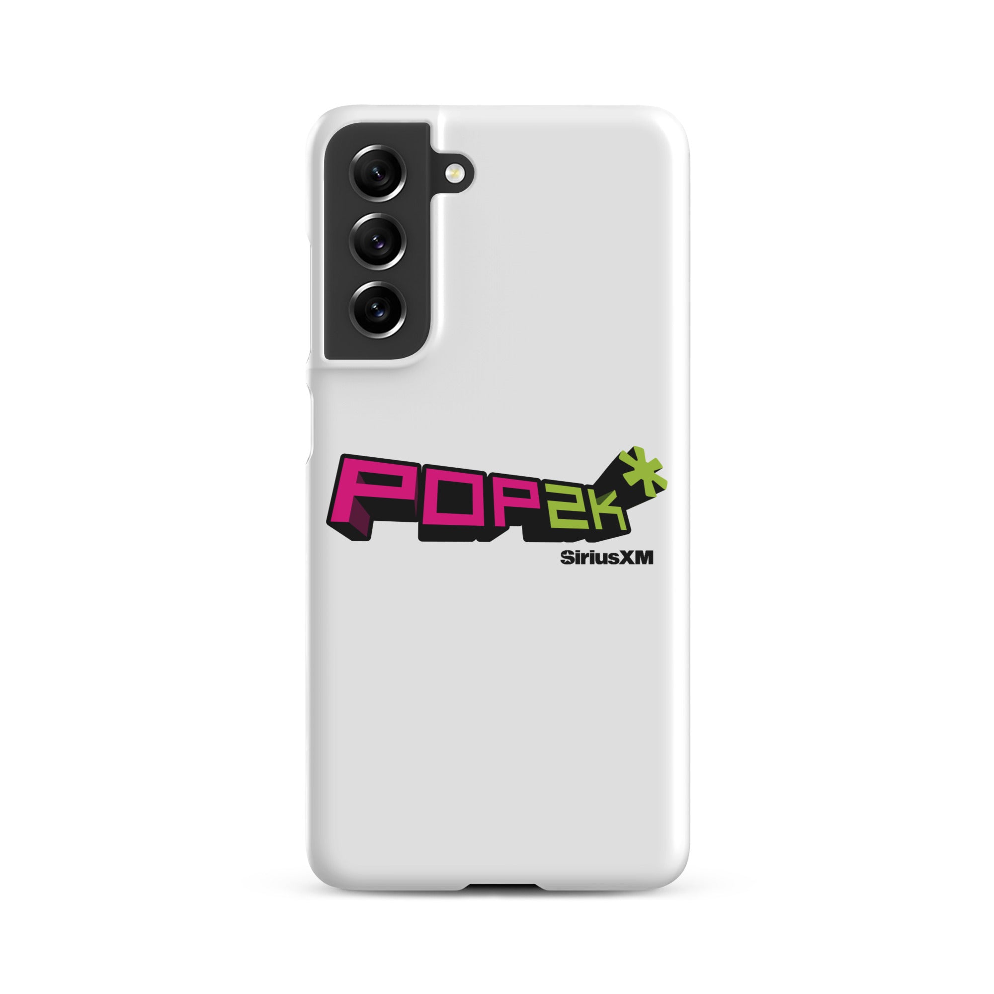 White phone case featuring the 'POP2K' logo with 'SiriusXM' branding in bold pink and green colors.