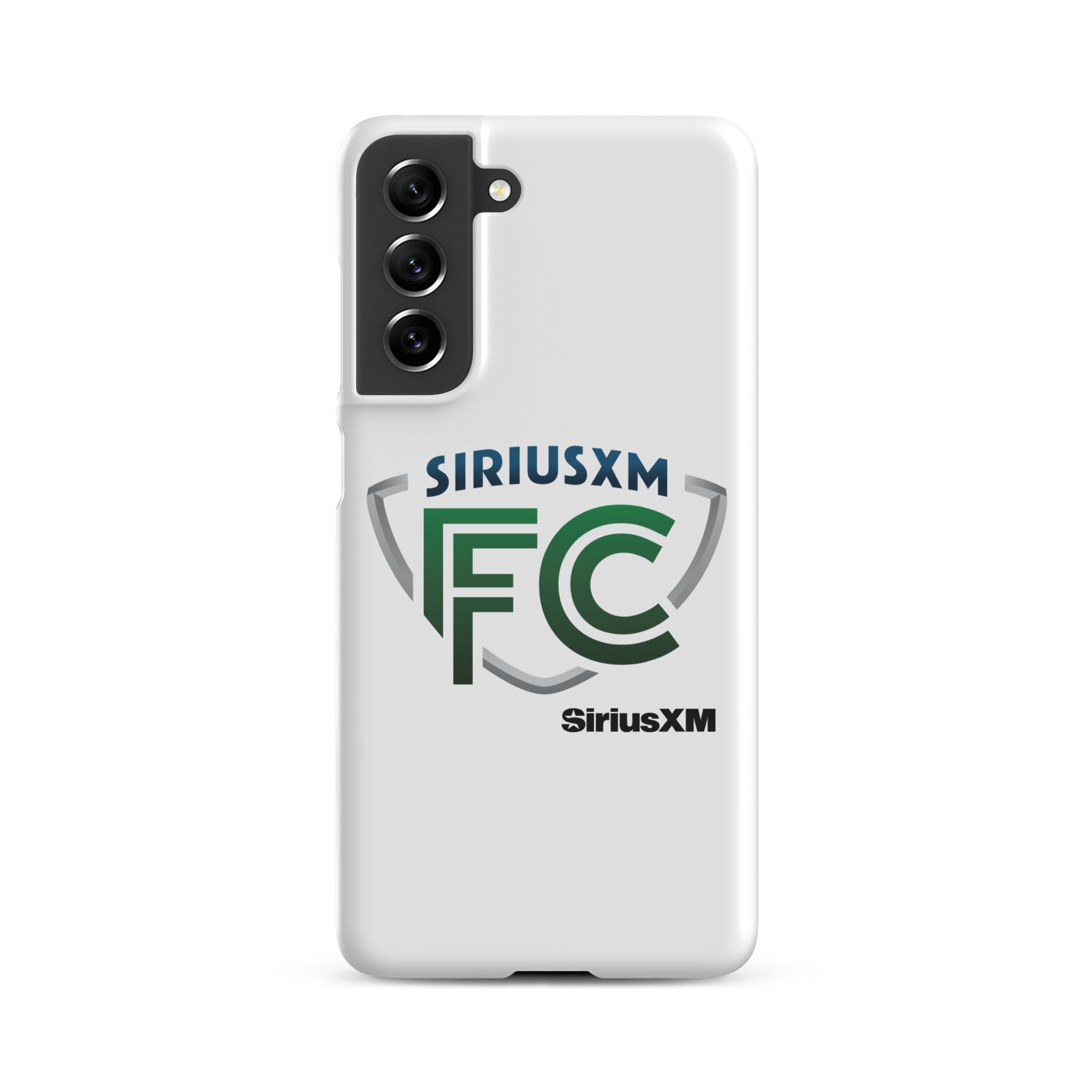 White phone case featuring 'SiriusXM FC' logo in green and blue.