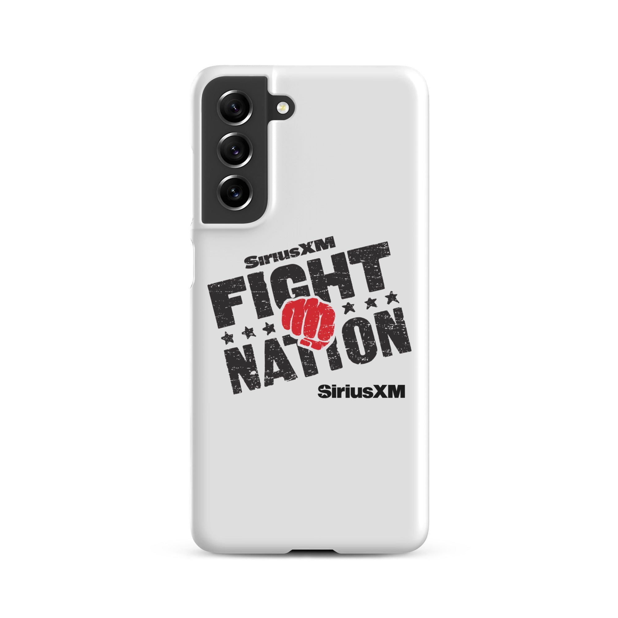 White phone case with 'SiriusXM FIGHT NATION' logo and a red fist graphic.