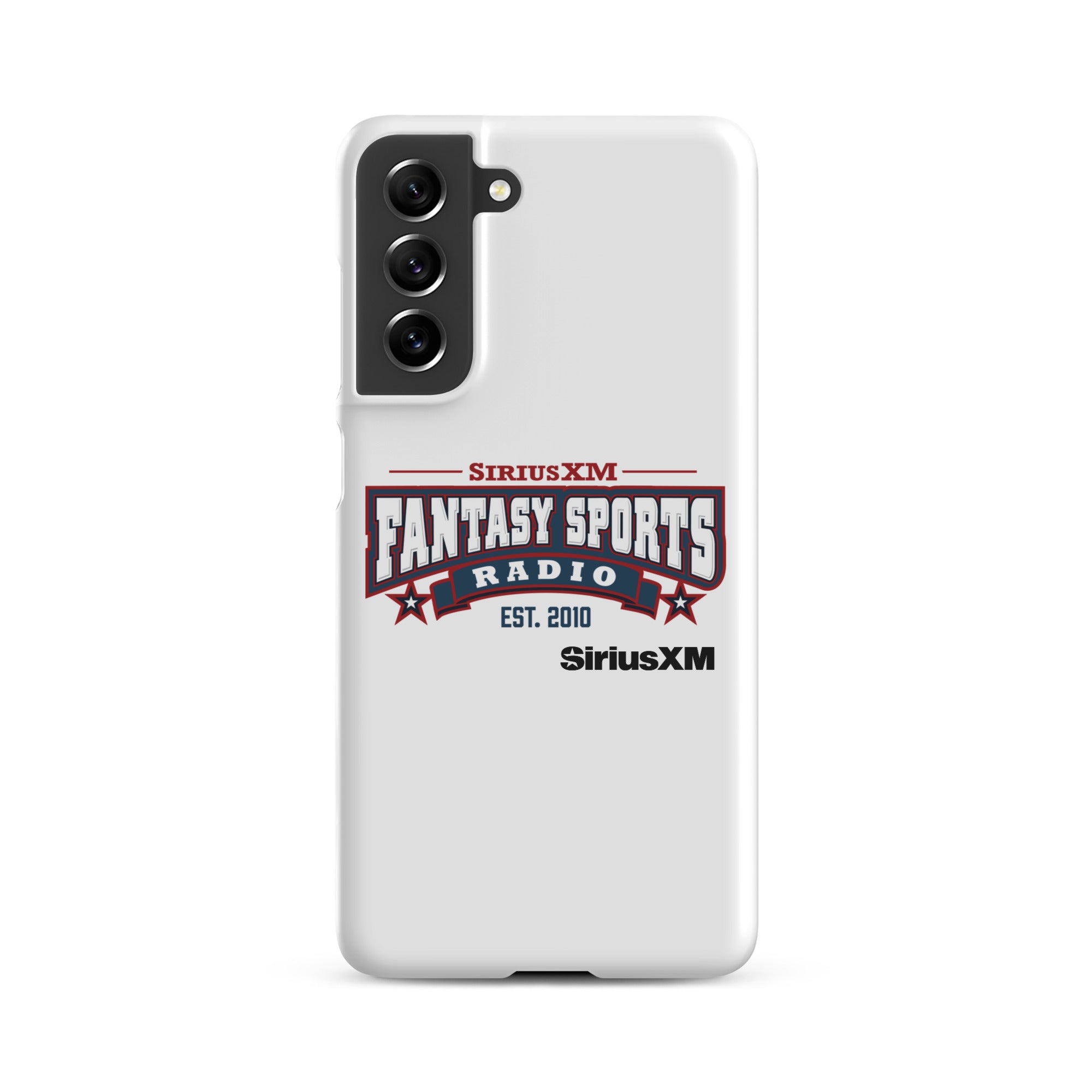 White phone case with 'SiriusXM Fantasy Sports Radio established 2010' logo, featuring red and blue design elements.